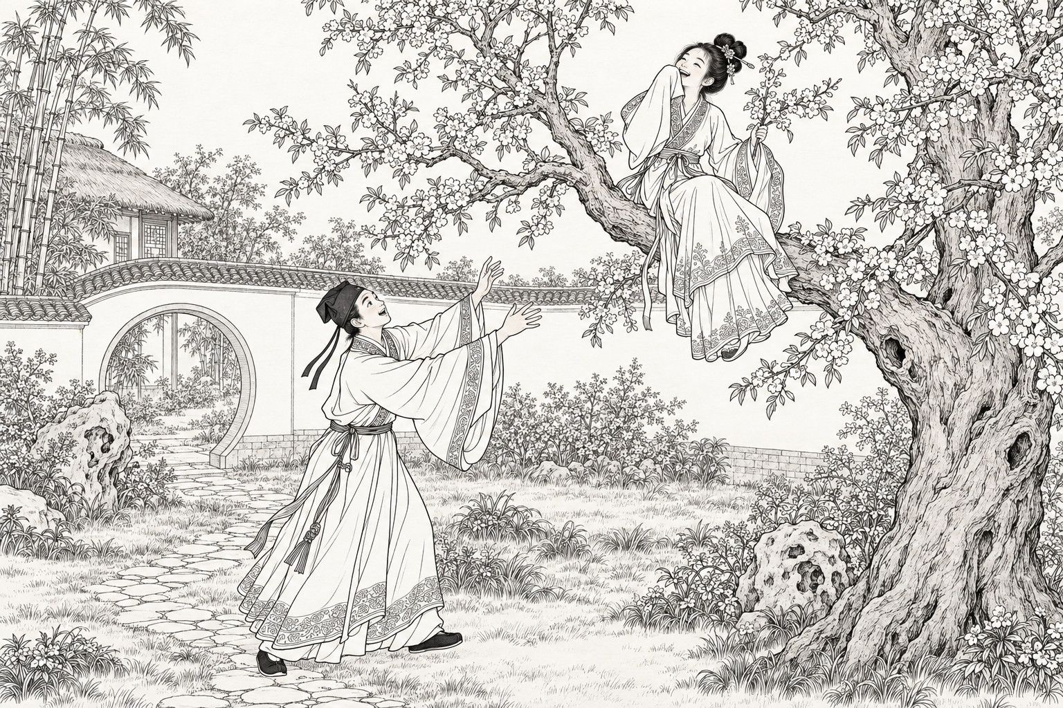 A line drawing in the manner of a late-Qing lithographed edition: in a garden in spring, a laughing girl sits on a thick branch of a blossoming apricot tree, a sleeve raised to her mouth and a spray of blossom in her hand; a young scholar below stretches both hands up toward her, alarmed and smiling; a moon gate and a thatched pavilion stand behind.