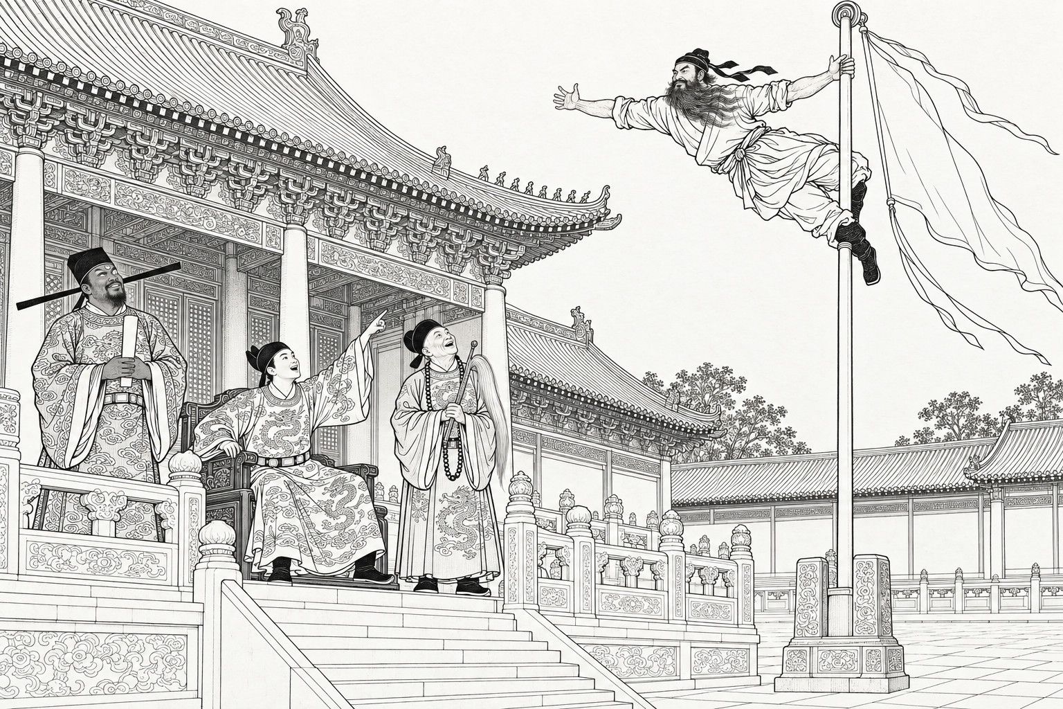 仿清末石印本的線描：宮中庭院裡，卷著袖子的長鬚漢子懸在高高的旗杆頂端，一腿盤住旗杆，身體平平伸向一側，如同一面飄著的旗，雙臂張開，旁邊是空白的旗幡和飄帶；下面祠殿的丹墀上，年輕的皇帝坐在椅中歡喜地抬手指向旗杆，手持拂塵的老太監在旁仰頭觀望，左邊手捧笏板的官員含笑站著。