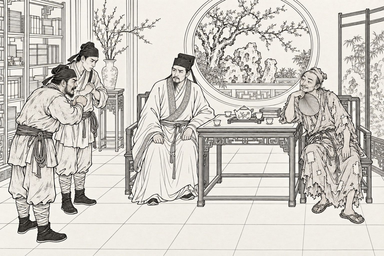 A line drawing in the manner of a late-Qing lithographed edition: in a small study with a round moon window, a ragged monk in an armchair rests his chin on a fan and listens with a faint smile, while a gentleman in the other armchair frowns, and two constables with coiled ropes at their belts stand before the table bowing and reporting.