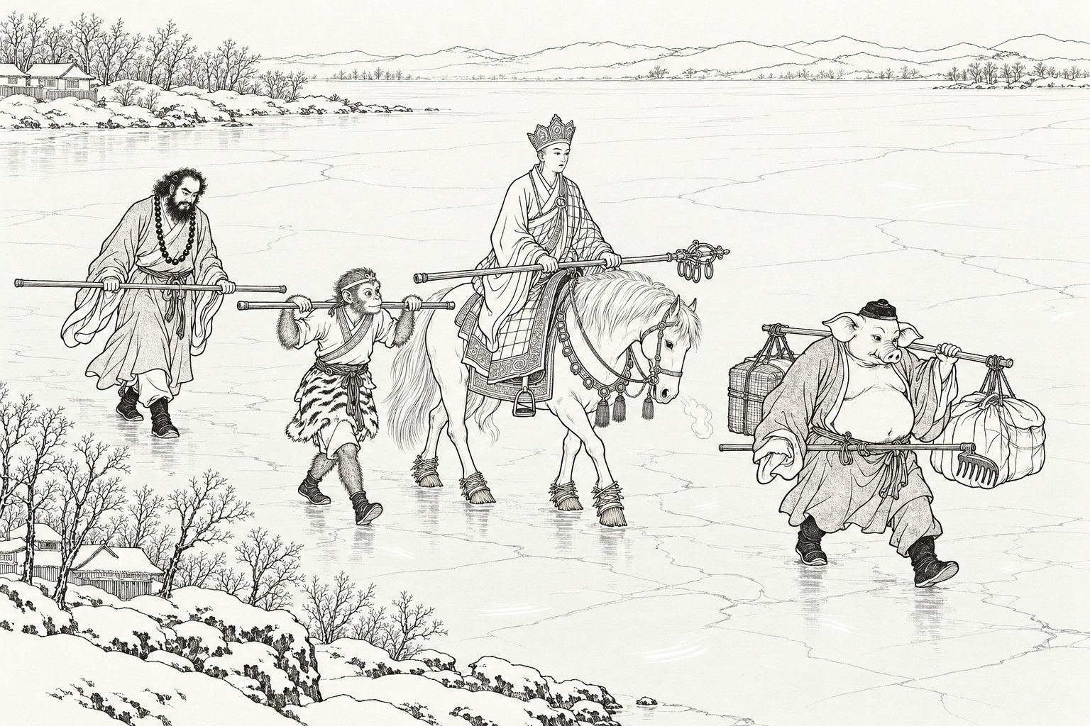 A line drawing in the manner of a late-Qing lithographed edition: on a bright winter day, a young monk in a crown rides a white horse with straw-bound hooves across a vast frozen river, while a bearded disciple, a monkey disciple in a tiger-skin kilt and a pig-headed disciple carrying luggage and a rake walk beside him, each holding a staff or pole flat across the body, with a snowy bank, bare trees and distant hills behind.