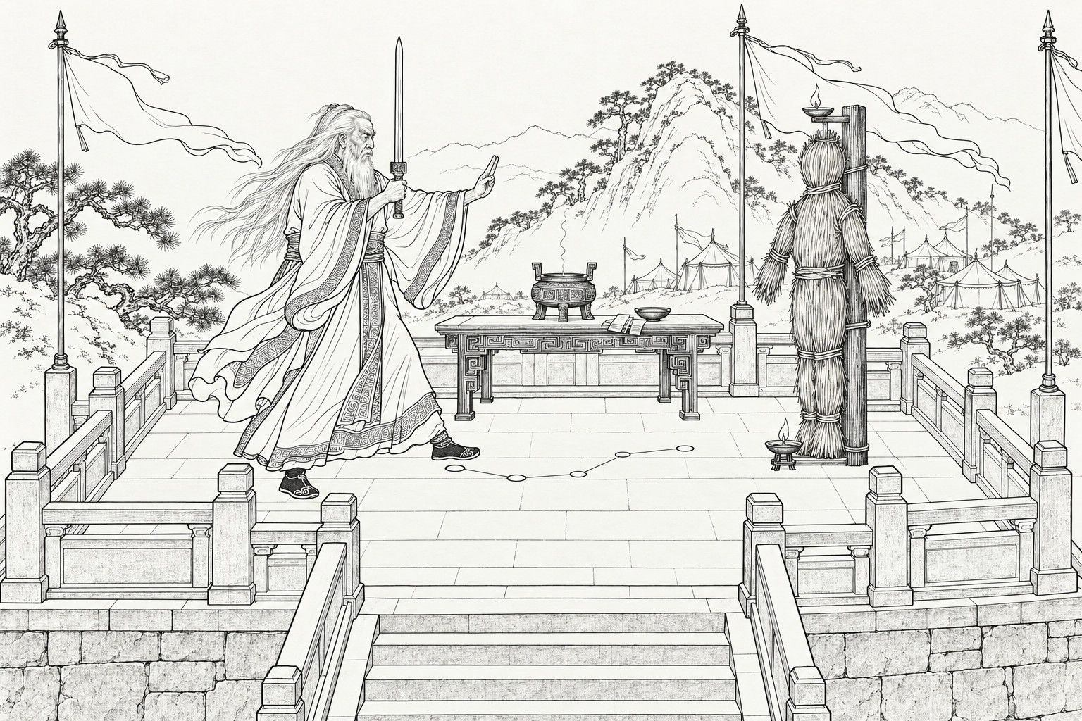 仿清末石印本的線描:周營的三層將臺上,白髮披散的老丞相姜子牙一手持劍豎立,一手並起兩指結印,對著縛在柱上的草人作法;草人頭頂和腳下各點一盞燈,兩人之間的案上香爐升著一縷煙。