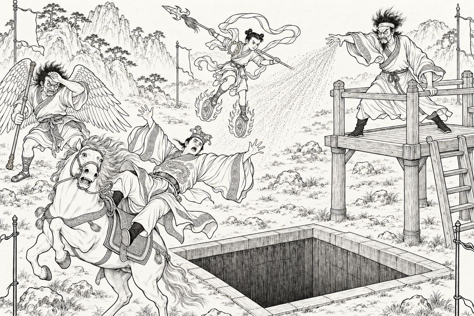A line drawing in the manner of a late-Qing lithographed edition: beside a square pit, a king in a flat-topped dragon crown tumbles backwards off a rearing white horse with his arms flung wide, struck by a spray of sand thrown from a wooden platform by a wild-haired, scowling wizard; above, a boy with two hair buns rises on two flaming wheels with a flame-tipped spear, and at the left a clean-shaven warrior with wide feathered wings shields his face with one arm, a staff in the other hand.