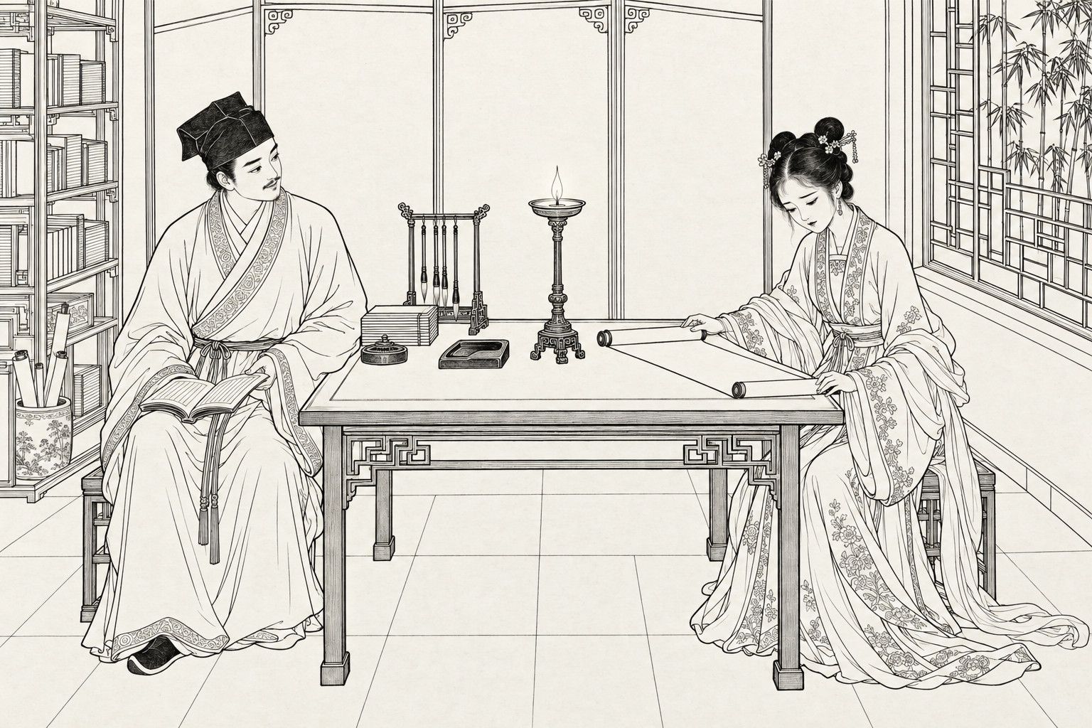 A line drawing in the manner of a late-Qing lithographed edition: at night in a study, a young scholar in a soft square cap with a book on his knees looks kindly at a young woman with an ornamented bun who sits across the writing desk with her eyes lowered, holding down an unrolled blank scroll; a lamp and a brush rack stand on the desk.