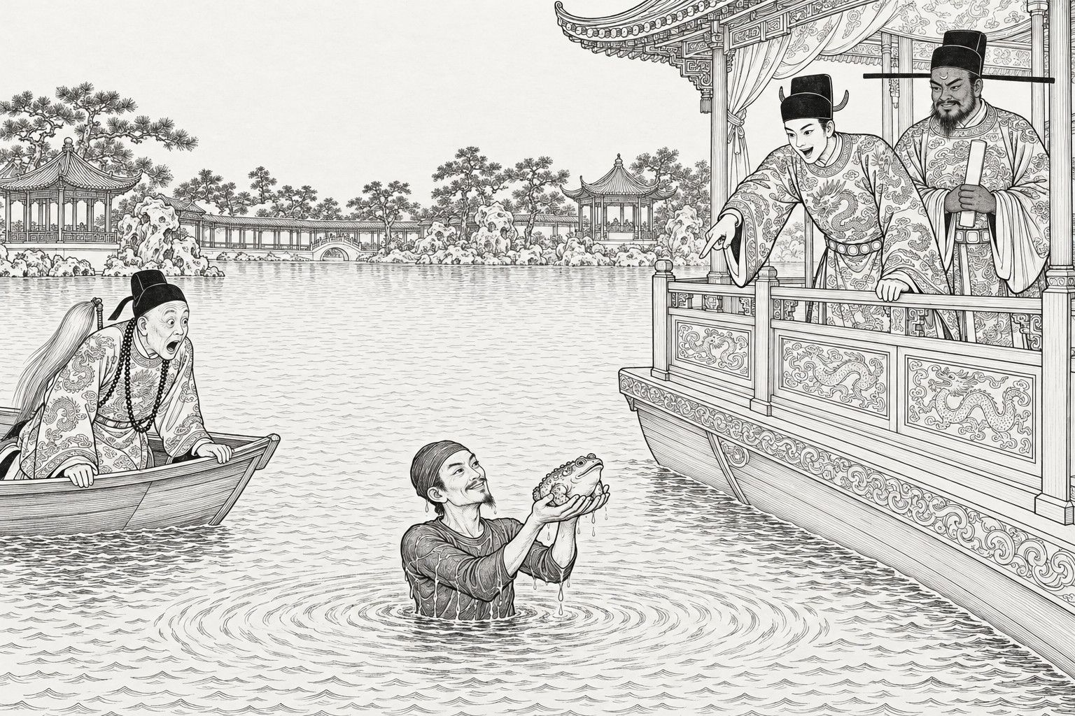 A line drawing in the manner of a late-Qing lithographed edition: by day on a great palace-garden lake, a slight diver in a close-fitting water suit rises chest-deep in a ring of ripples and holds up a three-legged toad in cupped hands, while a young emperor leans over the railing of a carved pleasure barge pointing in delight, a dark-faced minister with a tablet stands smiling behind him, and an astonished eunuch leans out of a small boat at the left, with pavilions, a covered corridor and pines on the far shore.