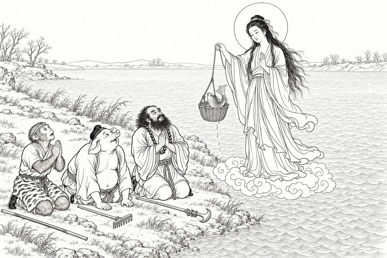 A line drawing in the manner of a late-Qing lithographed edition: by day on a broad river bank, a long-haired goddess in plain flowing robes stands on a low scrolling cloud and lifts a bamboo basket with a fish in it on a cord, while a monkey-faced disciple, a pig-headed disciple and a bearded disciple kneel on the grassy shore with joined hands, their staff, rake and crescent-bladed spade laid on the ground beside them.
