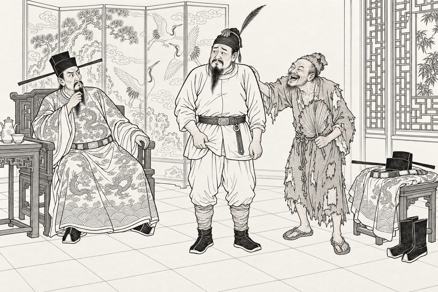 A line drawing in the manner of a late-Qing lithographed edition: in a side hall with a crane screen and a lattice window, a prefect in a plain jacket and a feathered runner's cap stands stiffly tugging at the hem of the short jacket while a ragged monk beside him slaps him on the back, laughing; a minister in a dragon-patterned robe sits at the left with a hand at his beard, frowning; the prefect's official robe, belt, cap and boots lie on a stool at the right.