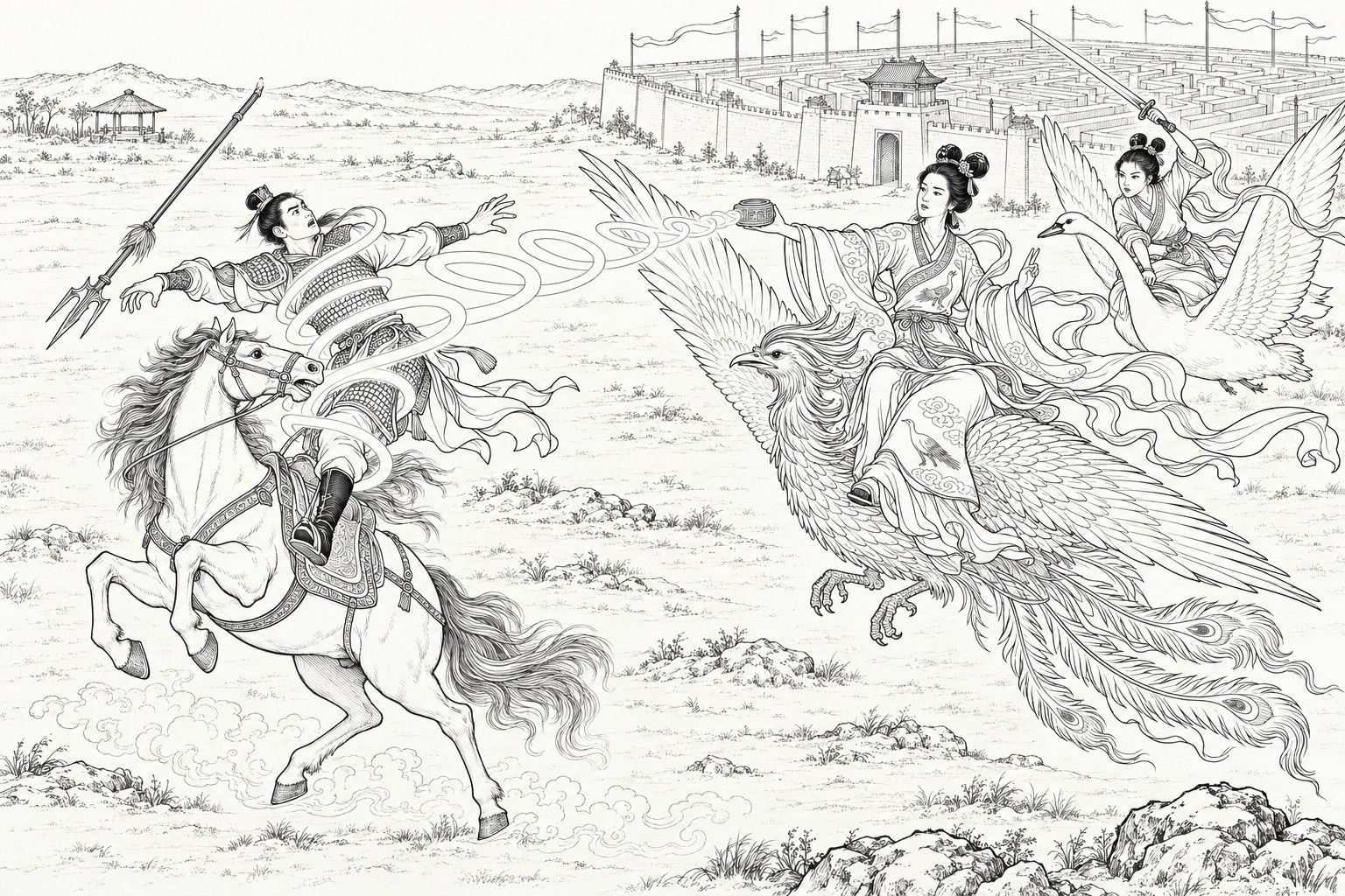 A line drawing in the manner of a late-Qing lithographed edition: on the plain before a walled labyrinth, the lady Yunxiao, riding a phoenix, holds out a small bushel from which a spiral beam of light lifts the young general Yang Jian out of the saddle of his rearing horse, his spear flying from his hand; her sister Qiongxiao, on a swan, raises a sword behind her.