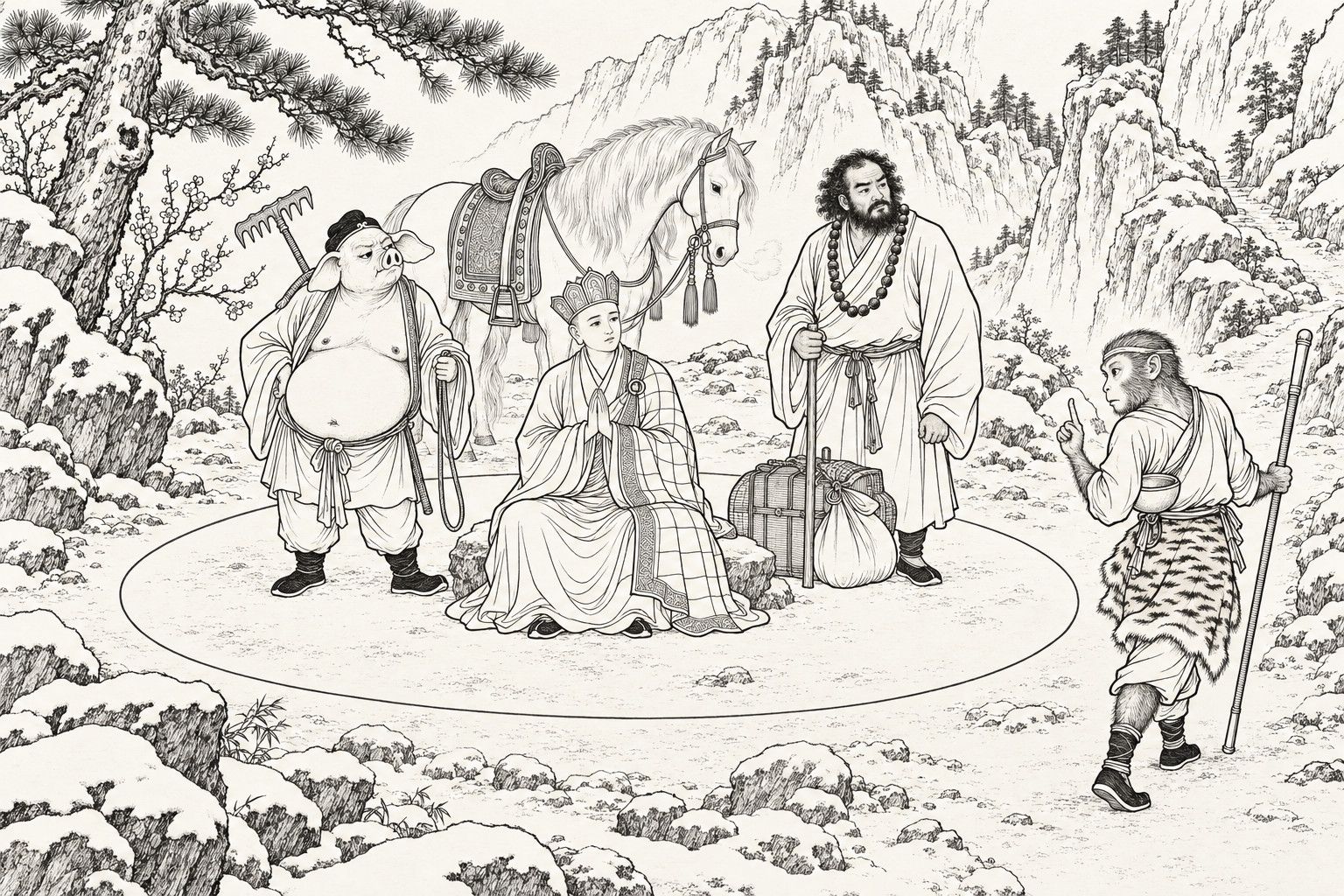 A line drawing in the manner of a late-Qing lithographed edition: on a snowy mountain road by day, a young monk sits with palms joined on a flat stone at the centre of a large ellipse traced on the ground, while a pig-headed disciple with a rake and a bearded disciple with prayer beads and luggage stand beside him and a saddled white horse waits behind, and a monkey in a tiger-skin kilt, standing outside the circle with an iron staff, turns back and raises a finger in warning, with an old pine, plum blossom and snowy crags around them.