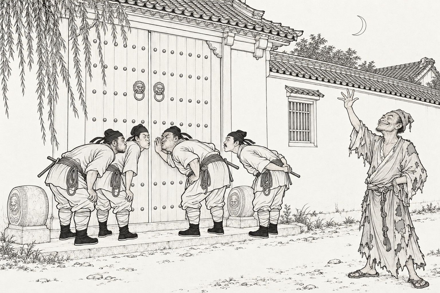A line drawing in the manner of a late-Qing lithographed edition: at night before the closed double gate of a house, studded with knobs and ring handles, four constables in plain uniform with staves and coiled ropes bend double in a row with puffed cheeks and pursed lips at the crack between the leaves; a ragged monk stands apart at the right with one hand raised and a broad grin; a thin crescent moon hangs above the wall.