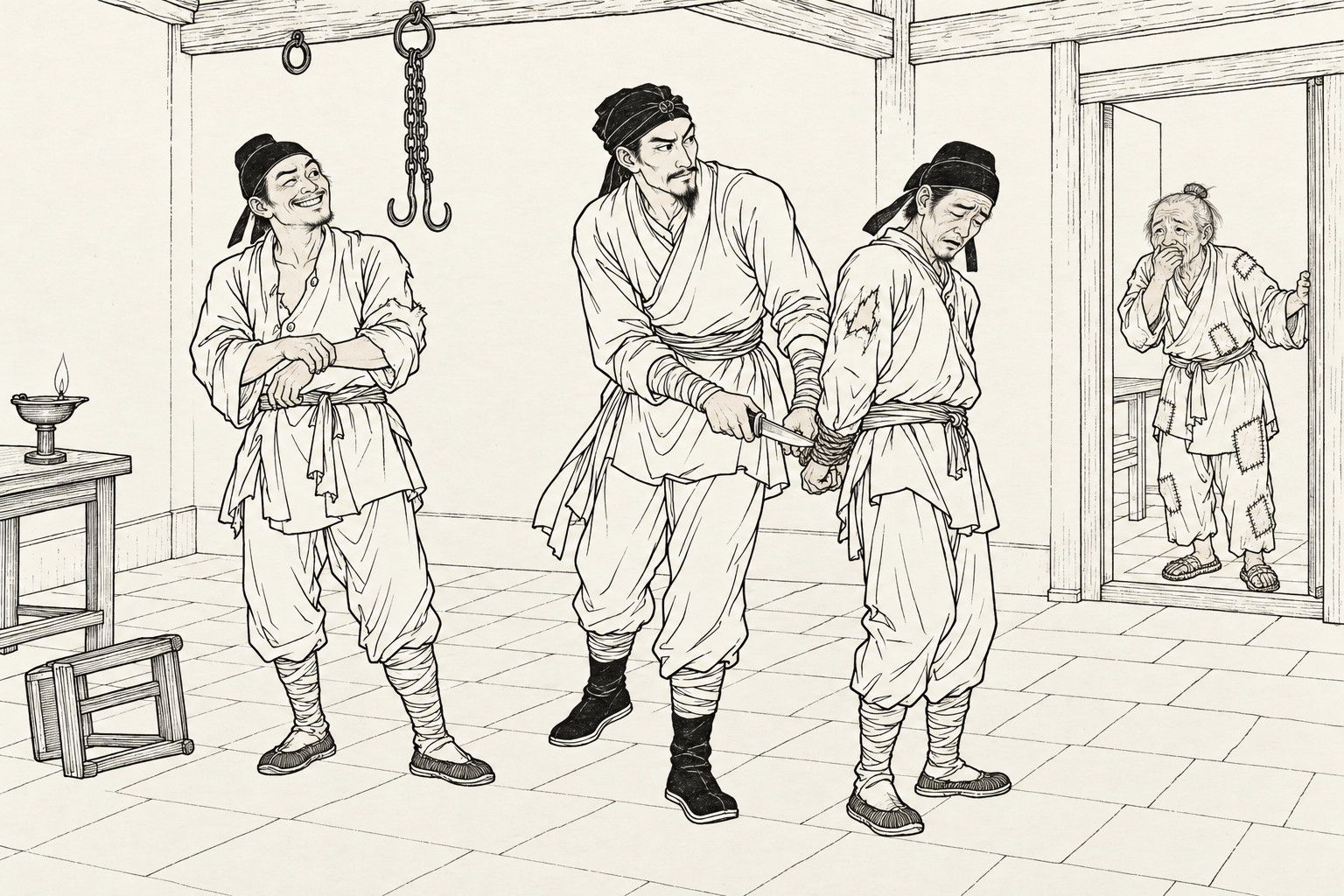 A line drawing in the manner of a late-Qing lithographed edition: in a bare room with heavy beams, a lean man in a head cloth and night clothes cuts the rope binding the wrists of a thin runner with a short knife, glancing sideways, while a second runner, already free, rubs his wrist and grins; at the right an old peasant in a patched jacket stands in a doorway with a hand over his mouth, weeping, and an empty chain with two hooks hangs from the beam, an overturned stool and a small oil lamp on a table at the left.