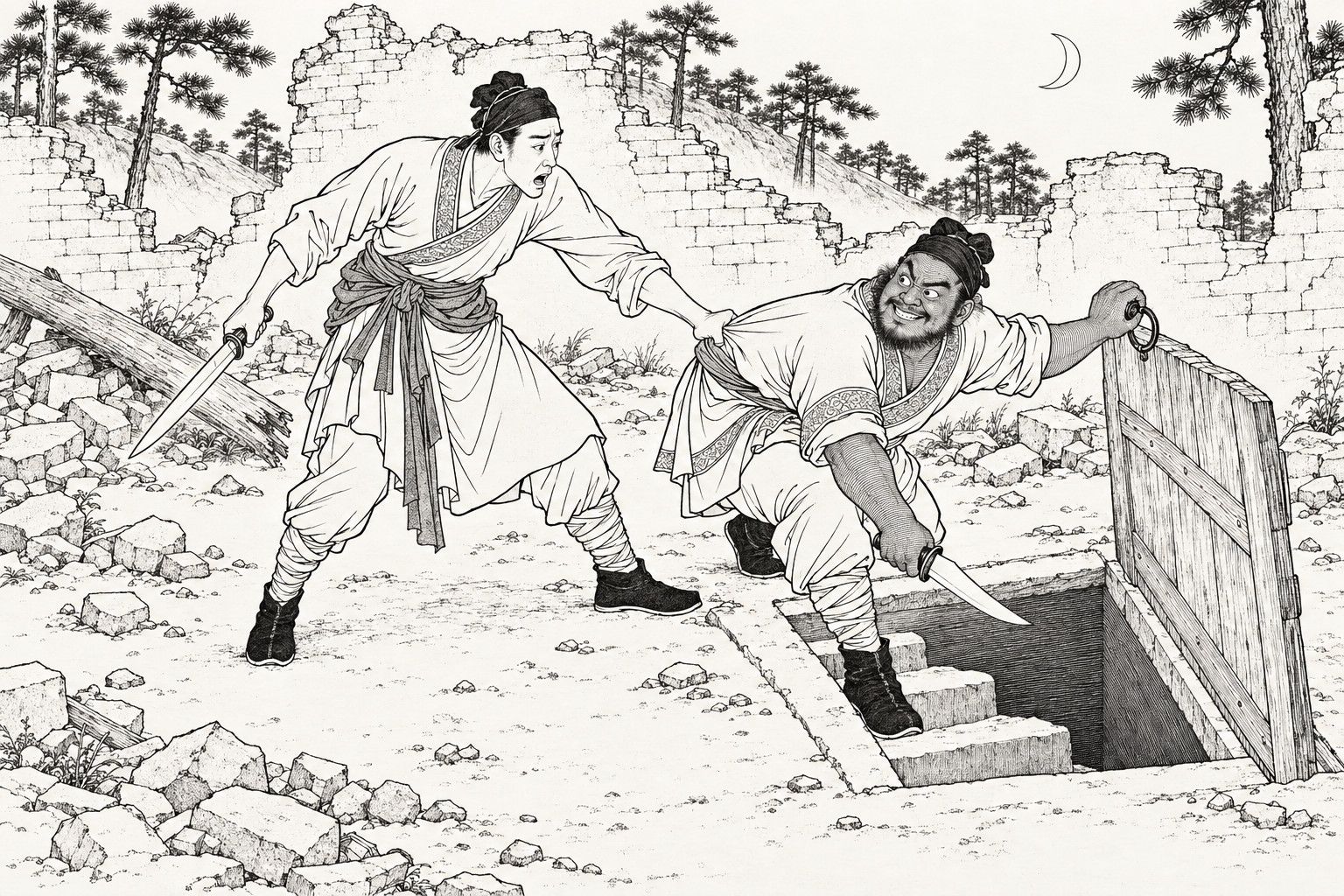 A line drawing in the manner of a late-Qing lithographed edition: in a ruined hut in a pine wood under a crescent moon, the thickset guardsman Zhao Hu, knife in hand, heaves up a trapdoor by its iron ring and steps down onto the first earthen step, grinning, while his tall companion Zhang Long grips his sleeve and belt and hauls him back.
