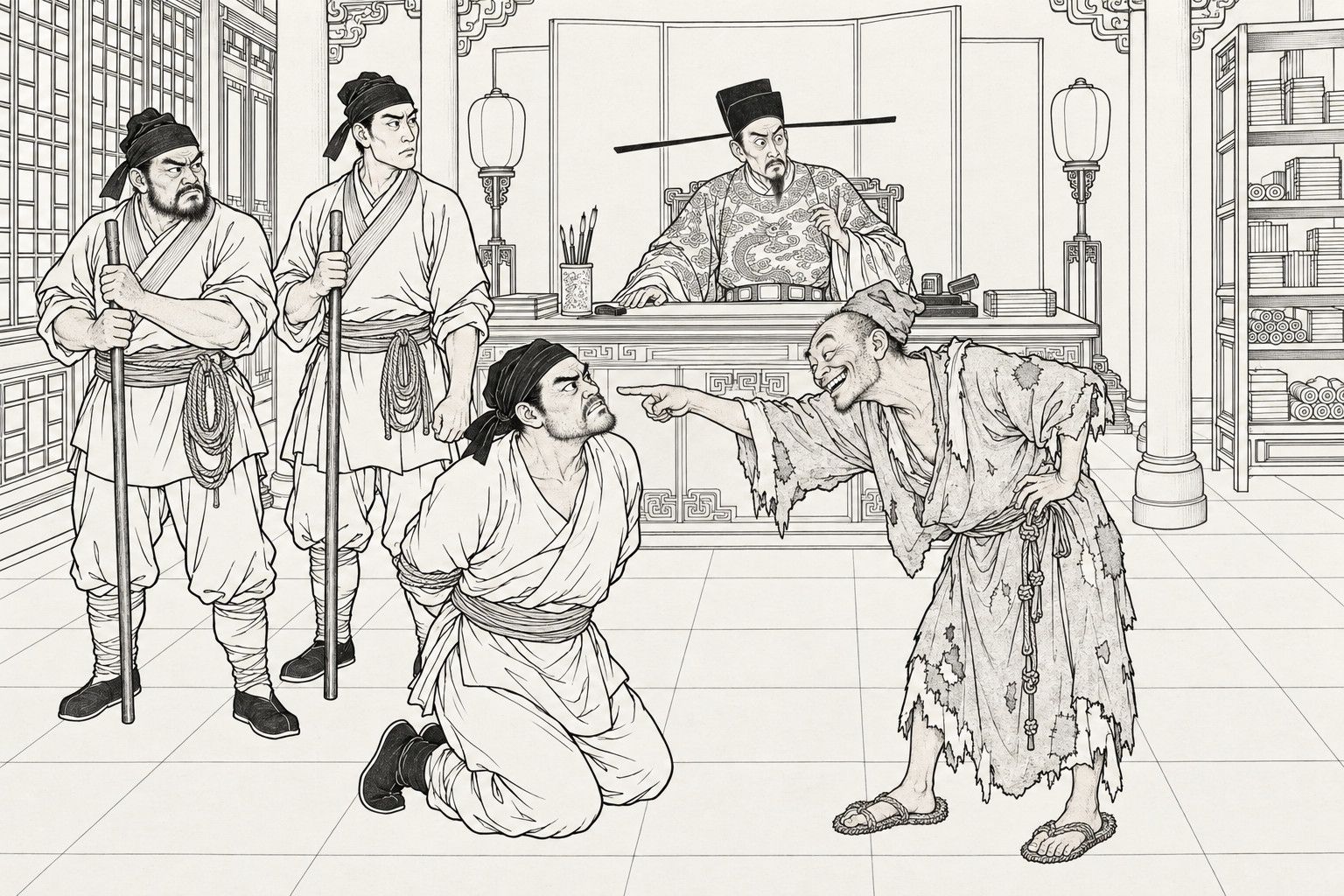 A line drawing in the manner of a late-Qing lithographed edition: in the study of a great mansion, a burly man with his arms bound kneels on the floor and twists his head up to glare at a ragged monk, who bends forward with a grin and points straight at his nose; two constables with staves stand guard behind the prisoner, and a minister in a dragon-patterned robe sits behind his desk, staring at the monk in surprise.