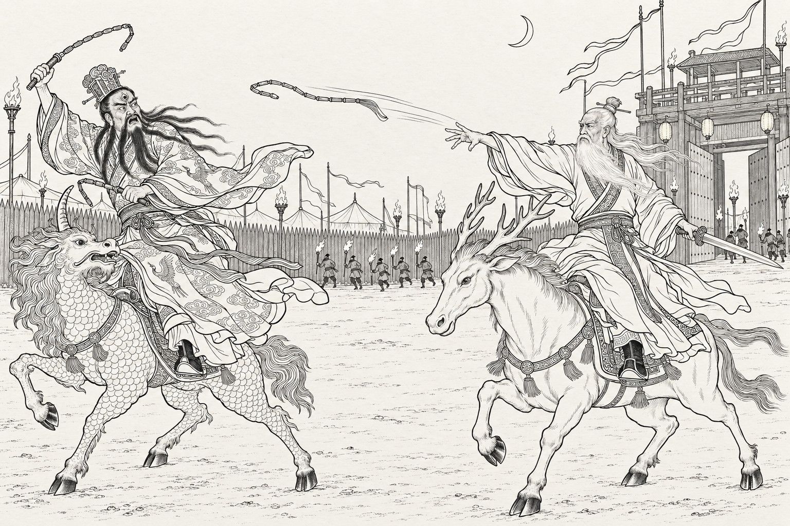 A line drawing in the manner of a late-Qing lithographed edition: at night inside the camp gate, the old white-bearded Jiang Ziya, sword in hand on his antlered mount, has just thrown a jointed whip through the air; the three-eyed Grand Preceptor Wen Zhong, a short whip in each hand on his scaled one-horned beast, twists aside, while tiny soldiers carry torches along the palisade.