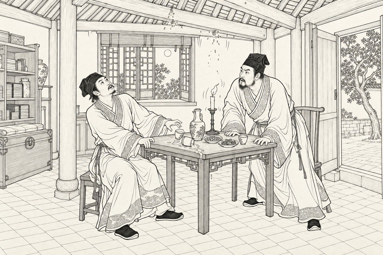 A line drawing in the manner of a late-Qing lithographed edition: by candlelight in a study, two scholars sit at a small table as the room shakes, a wine cup tipped over and spilling, the candle flame wavering; one looks up at the beams where dust falls, the other braces both hands on the table edge, startled.