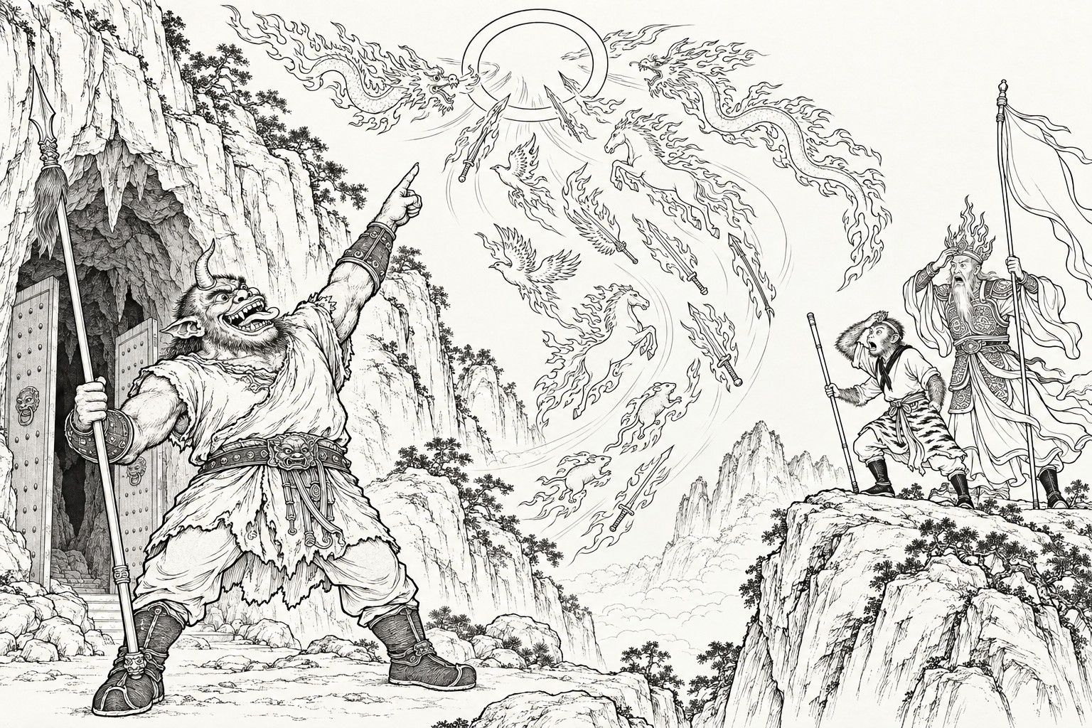 A line drawing in the manner of a late-Qing lithographed edition: at the mouth of a mountain cave, a horned demon king stands with his legs planted wide, one hand gripping a long spear and the other pointing at a great ring hanging in the sky, while a stream of flame-bodied dragons, horses, crows, rats, swords and spears spirals into it; on a crag at the right the monkey Sun Wukong and an old god of fire with a flame crown and an empty banner look on in dismay.