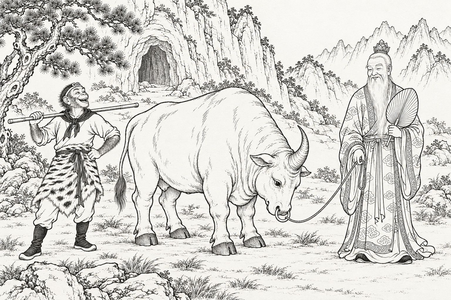 A line drawing in the manner of a late-Qing lithographed edition: at the foot of a mountain, the old immortal Taishang Laojun, a palm-leaf fan in one hand, leads a huge one-horned bull by a cord tied to the ring through its nose, the bull walking meekly with its head lowered; at the left the monkey Sun Wukong, his iron staff across his shoulders and one hand on his hip, laughs with his head thrown back.