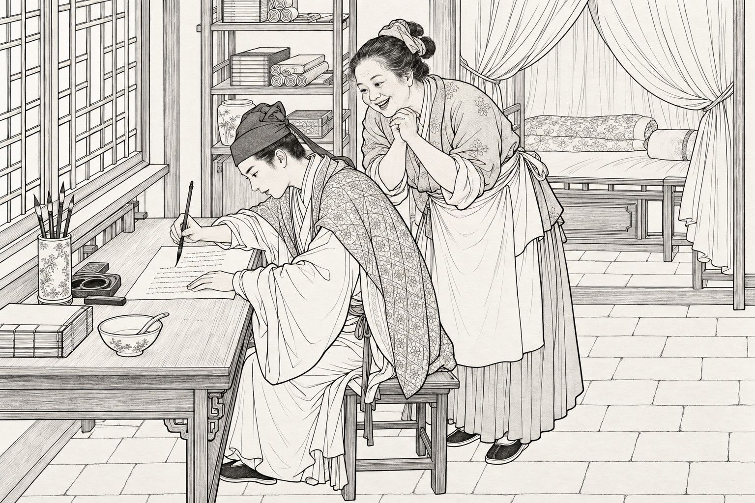 仿清末石印本的线描：方家的书房里，面色苍白的包三公子坐在书桌前提笔疾书，桌角放着喝空的汤碗；邻居宁婆俯身在他肩后，两手合在下巴前，笑得很高兴。