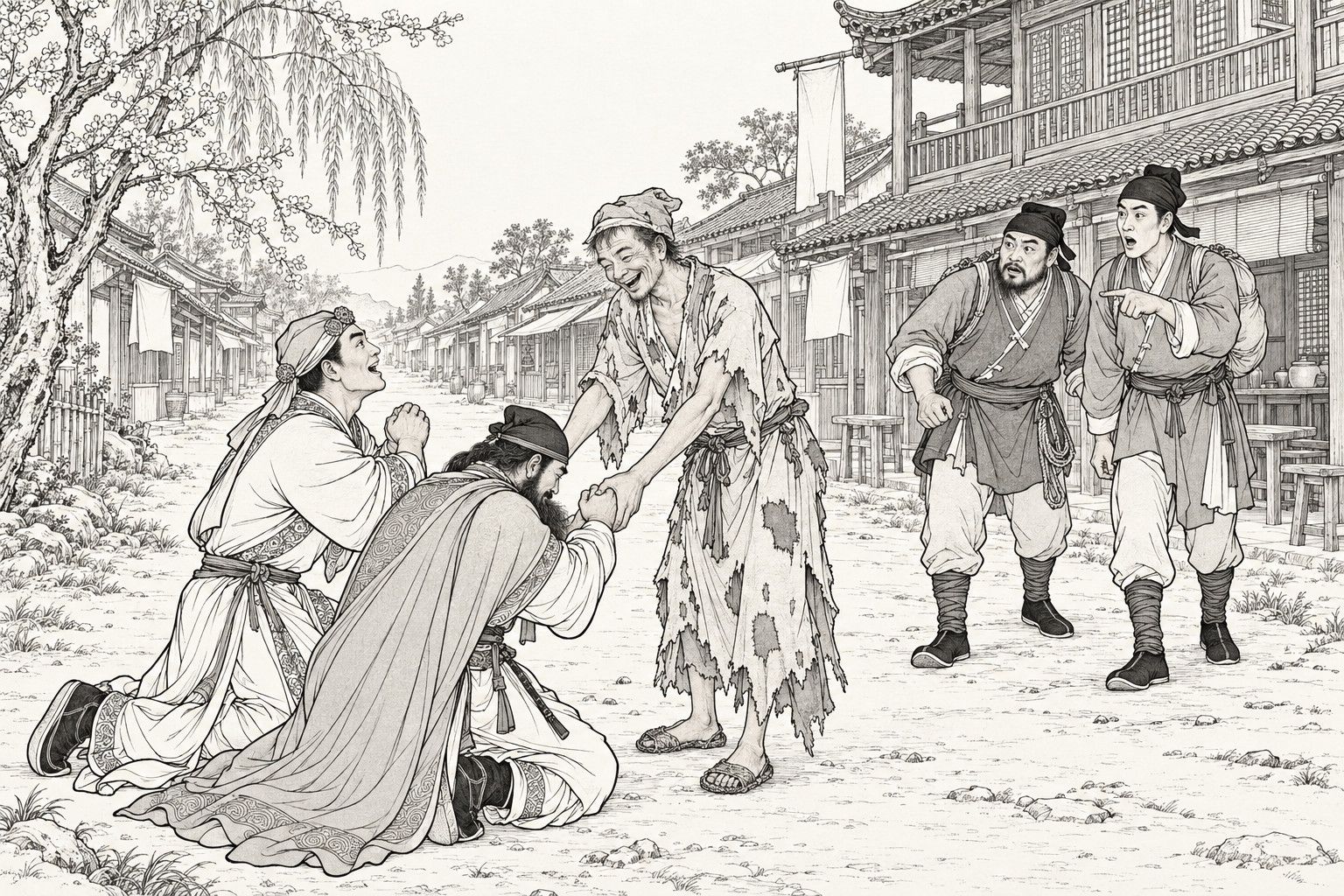 仿清末石印本的線描：開著花、垂著柳的集鎮街上，兩個健壯的護院跪在塵土裡，一個雙手合十、滿臉急切，一個深深低頭；破衣僧笑著握住他們的手要扶起他們；右邊兩個揹著包袱的行路人，一個抬手指著，滿臉驚訝地望著。