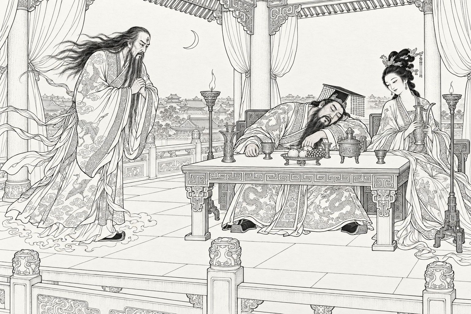 A line drawing in the manner of a late-Qing lithographed edition: at night in an open pavilion on the Deer Terrace, King Zhou sleeps with his head on his arm among the wine vessels, his crown slipping, while his consort Daji sits beside him holding a wine ewer; at the left the spirit of Wen Zhong, bareheaded with his hair loose, bows with hands joined, his three eyes fixed on the king.