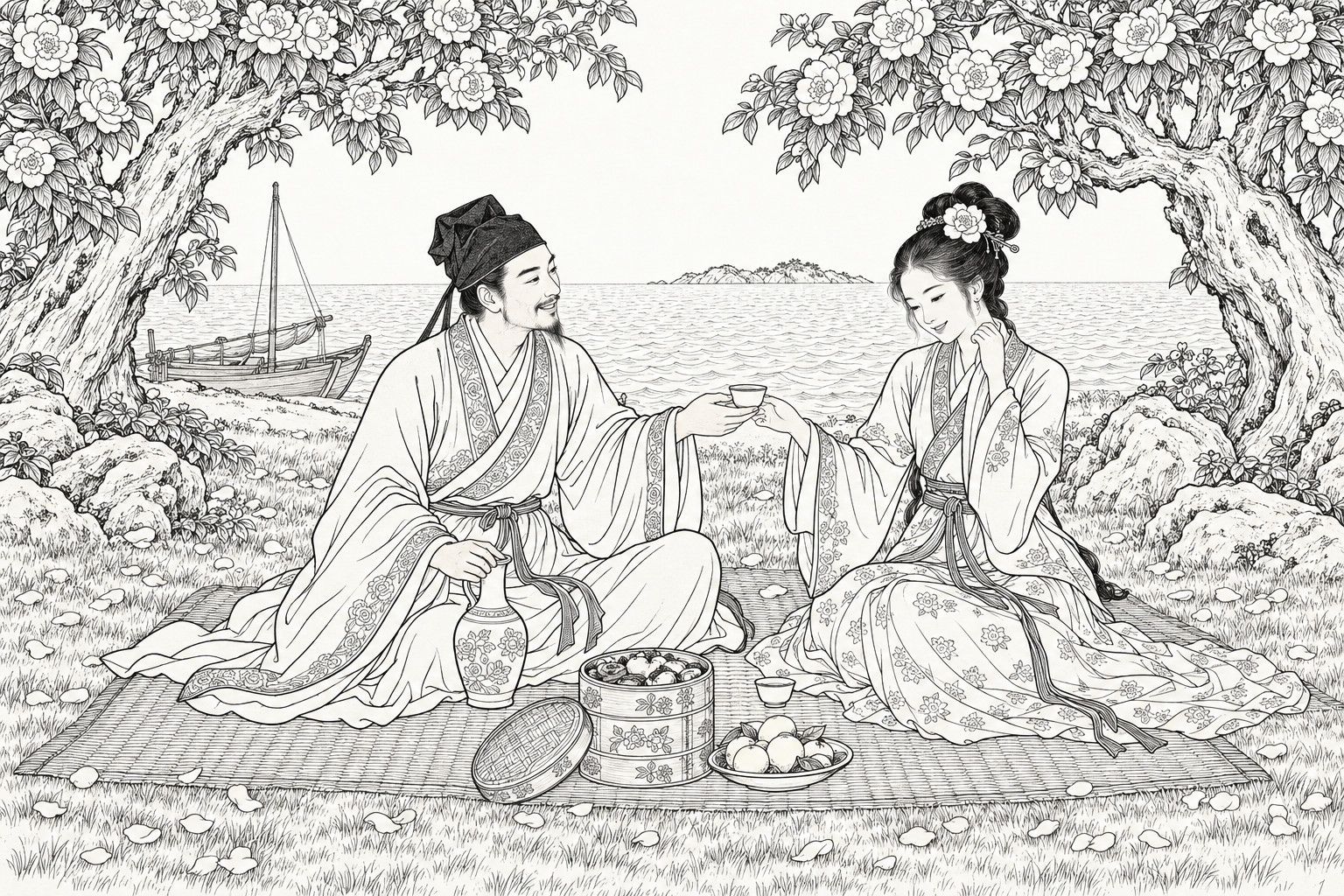 A line drawing in the manner of a late-Qing lithographed edition: on a flowering island in daylight, a bearded scholar seated on a woven mat under two huge camellia trees holds out a wine cup to a smiling young woman in a long embroidered skirt, with a wine jug, tiered food box and fruit before them, and a small sailboat, calm sea and distant islet behind.