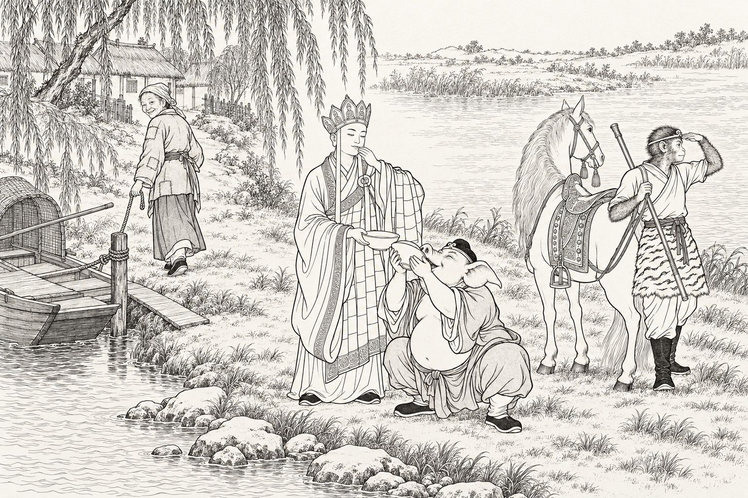 仿清末石印本的線描:白日垂柳河岸,頭戴寶冠、身披補衲袈裟的年輕僧人持缽擦嘴,豬頭徒弟蹲在水邊仰頭飲缽中水,扛棒的猴形徒弟遮額遠望、立在備鞍白馬旁,系舟的老婦回頭含笑,正走向柳後茅屋。