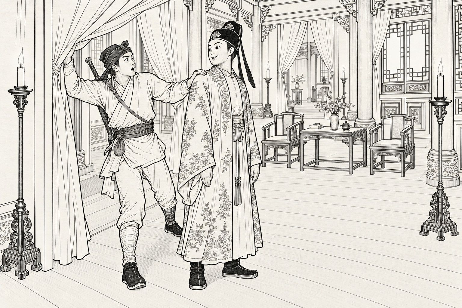 仿清末石印本的線描：莊裡燈火通明的長廳中，揹著劍的展昭一手掀著門簾，一手抓住穿花氅的人的肩膀；那人轉過身來，臉是呆板的畫出來的笑臉，原來是燈草扎的假人。