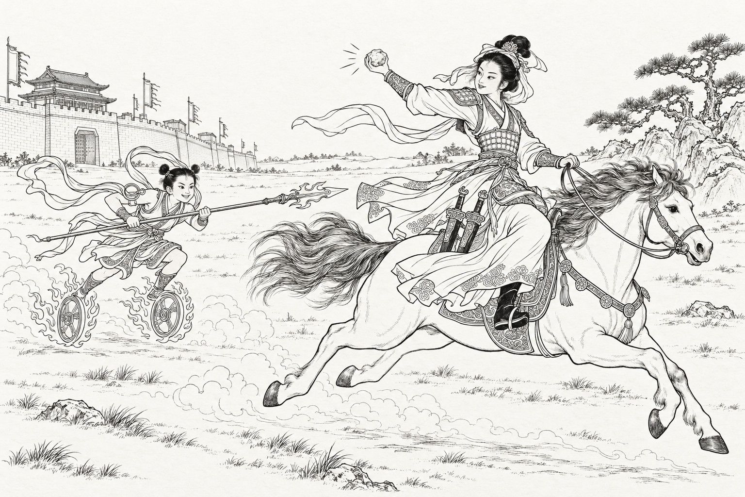 仿清末石印本的线描：西岐城下的原野上，女将邓婵玉骑着白马飞奔，扭身把一块石头向身后掷出，马鞍旁挂着两口刀；少年哪吒踏着两只火轮，平端长枪，笑着在后面追赶。
