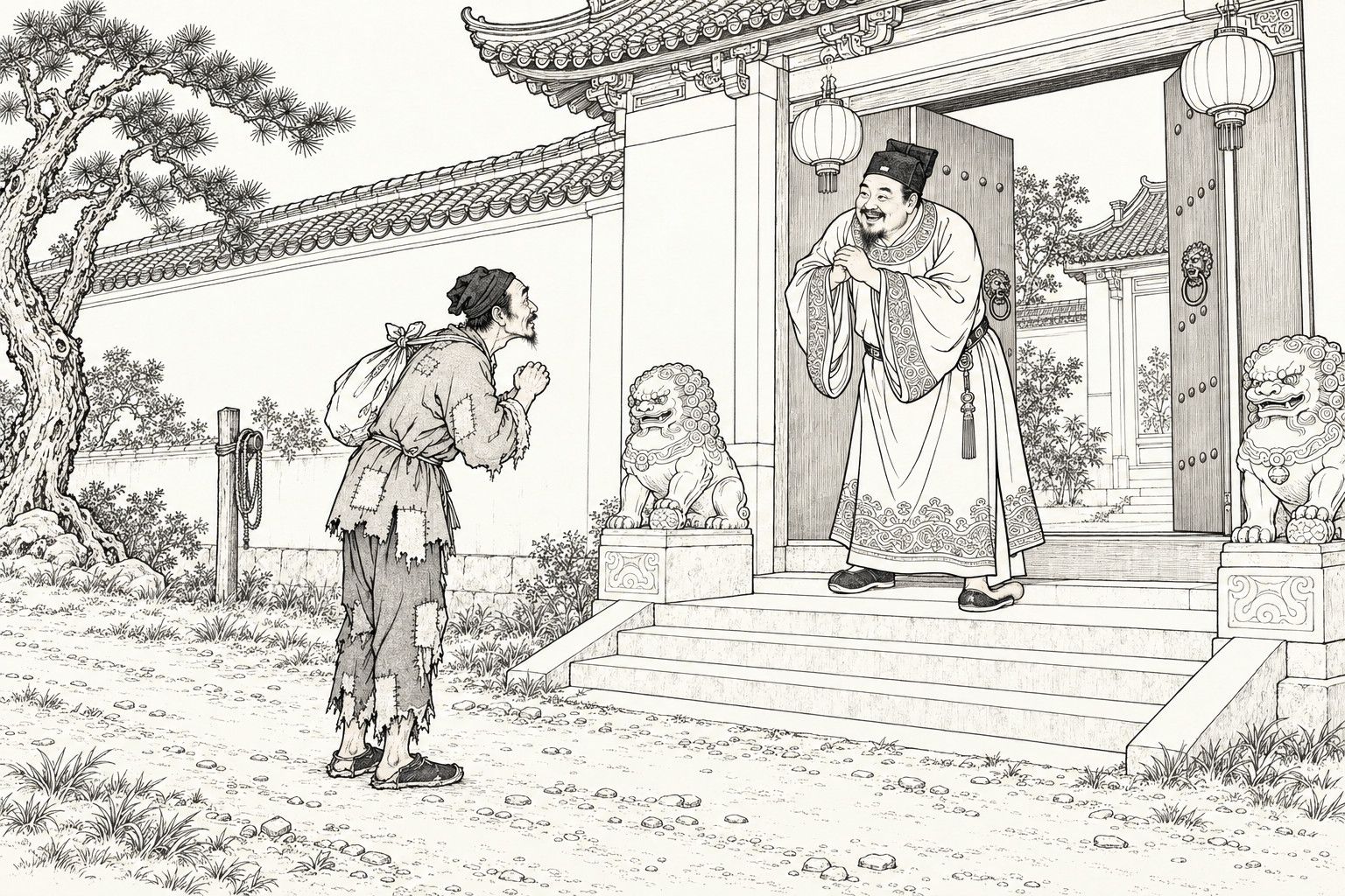 A line drawing in the manner of a late-Qing lithographed edition: outside the open gate of a rich house in daytime, a stout, smiling gentleman in a wide-sleeved embroidered gown stands on the top step and bows with clasped hands, while a thin, ragged man with a cloth bundle on his back and patched clothes bows back from the foot of the steps, with stone lions, hanging lanterns, a long tiled wall and a gnarled pine around them.