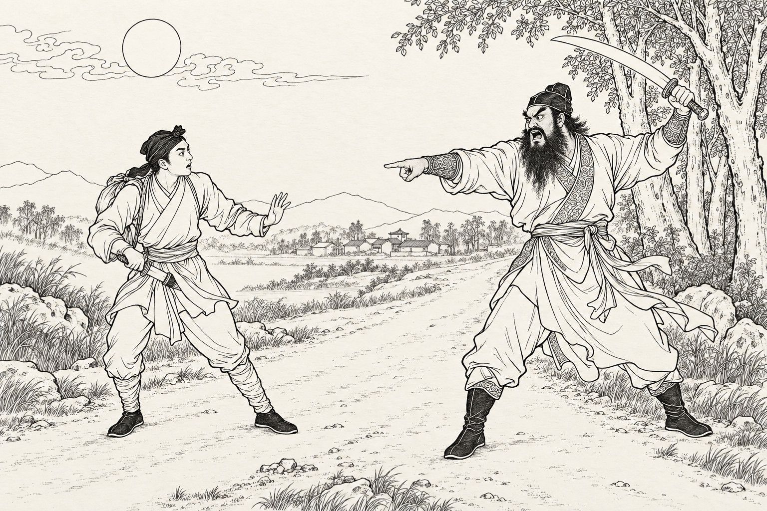 A line drawing in the manner of a late-Qing lithographed edition: on a country road at night under a round moon, a fierce bearded swordsman who has leapt from a grove raises a curved sabre above his shoulder and points at a slim traveller in close-fitting clothes with a bundle on his back; the traveller stops short, one hand on the hilt of his half-drawn knife and the other held out, staring at him; a hamlet and hills lie in the distance.