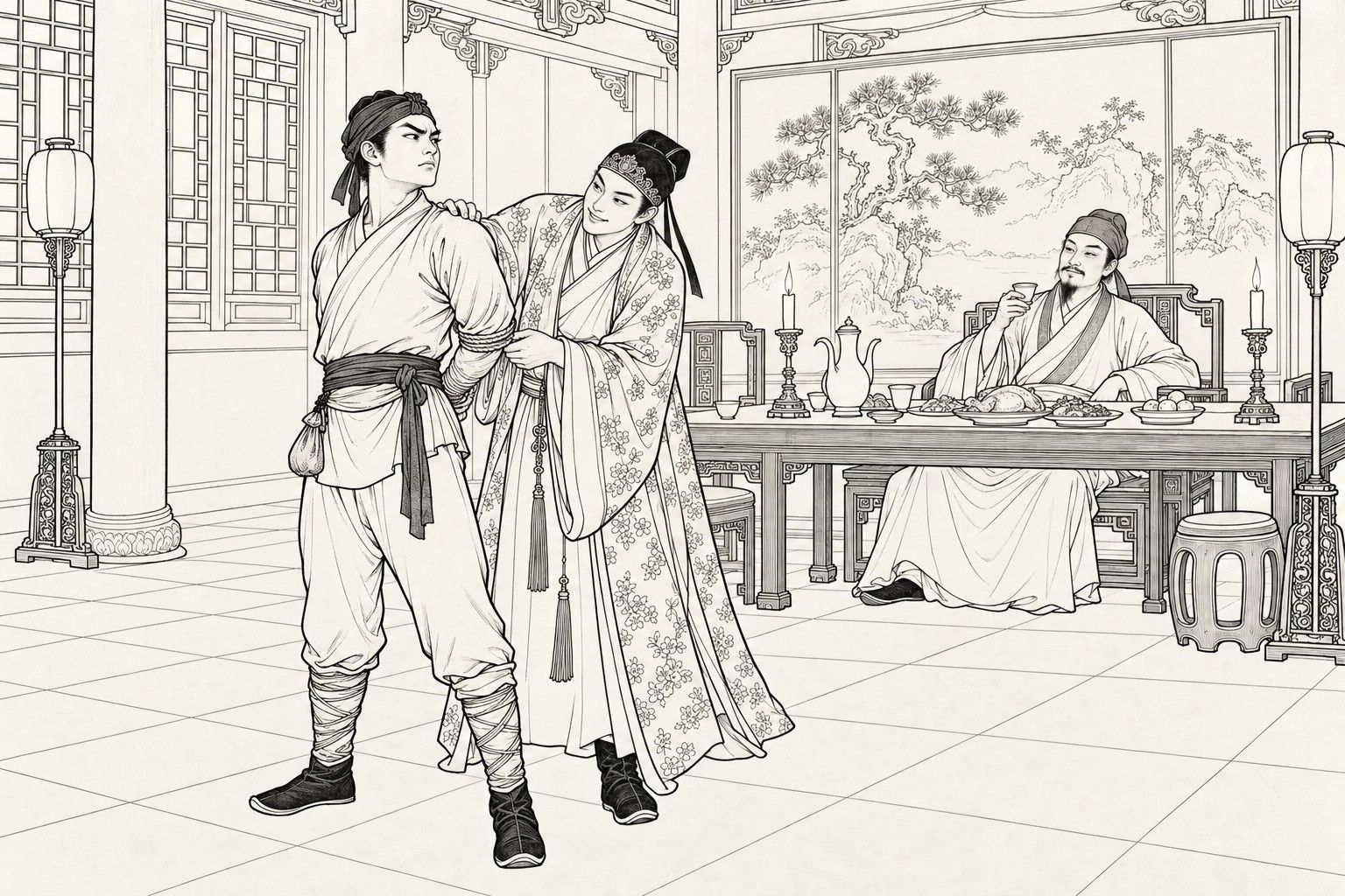 A line drawing in the manner of a late-Qing lithographed edition: in a feast hall, the knight Zhan Zhao stands with his arms bound behind him, chin raised and glaring, while Bai Yutang in a flowered cloak leans in with a hand on his shoulder, untying the rope with a mock-apologetic grin; behind the laden table a bearded guest, Liu Qing, watches with a wine cup raised.