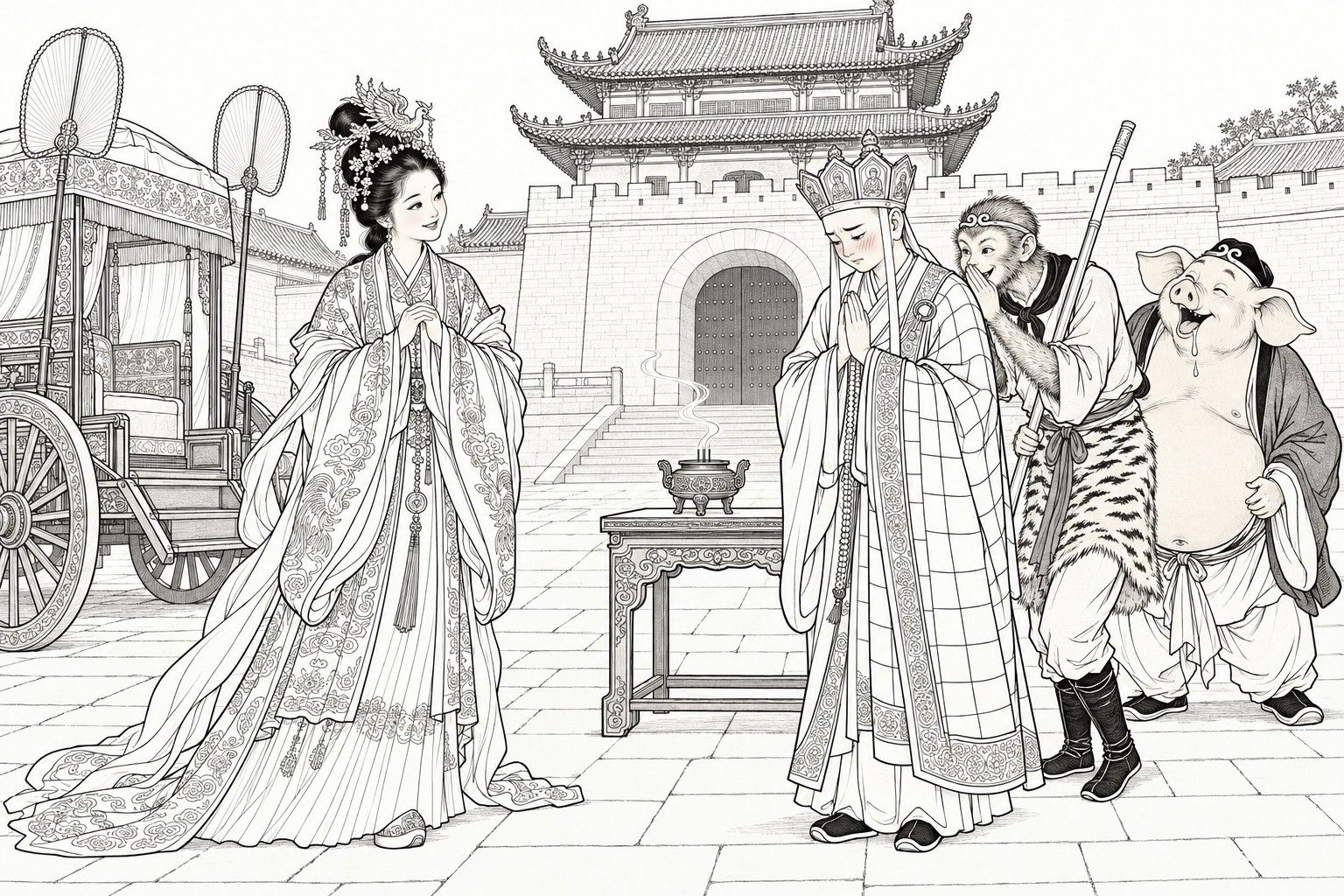 仿清末石印本的线描：城中驿站的门楼前，头戴凤钗、身穿绣花朝服的年轻女王双手交叠站着，微笑；她身后是空着的华盖凤辇和两把高柄障扇；对面香案和香炉旁，唐三藏双手合十低着头，孙悟空凑在他耳边低语，后面的猪八戒张着嘴，嘴角挂着一滴口水。