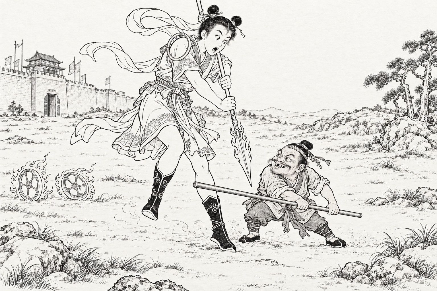 A line drawing in the manner of a late-Qing lithographed edition: on the plain before the walls of Xiqi, the tall boy Nezha, who has stepped down from his two empty wheels of fire, thrusts his spear down in astonishment and misses; the waist-high, gap-toothed Tu Xingsun has ducked under it and swings a steel staff at his shin with a sly grin.