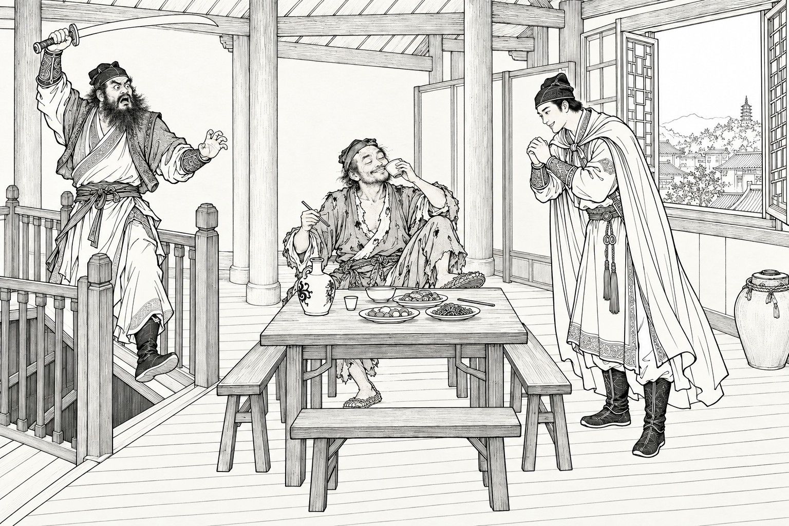 A line drawing in the manner of a late-Qing lithographed edition: on the upper floor of a tavern with a staircase at the left, a fierce bearded swordsman frozen mid-stride on the stair with his sabre raised high, eyes bulging and mouth open; a ragged monk sits at the table with a cup at his lips and eyes closed, a jug and dishes before him; a slim young man in a cloak stands at the right with clasped fists and a rueful smile; a window shows a pagoda and rooftops.