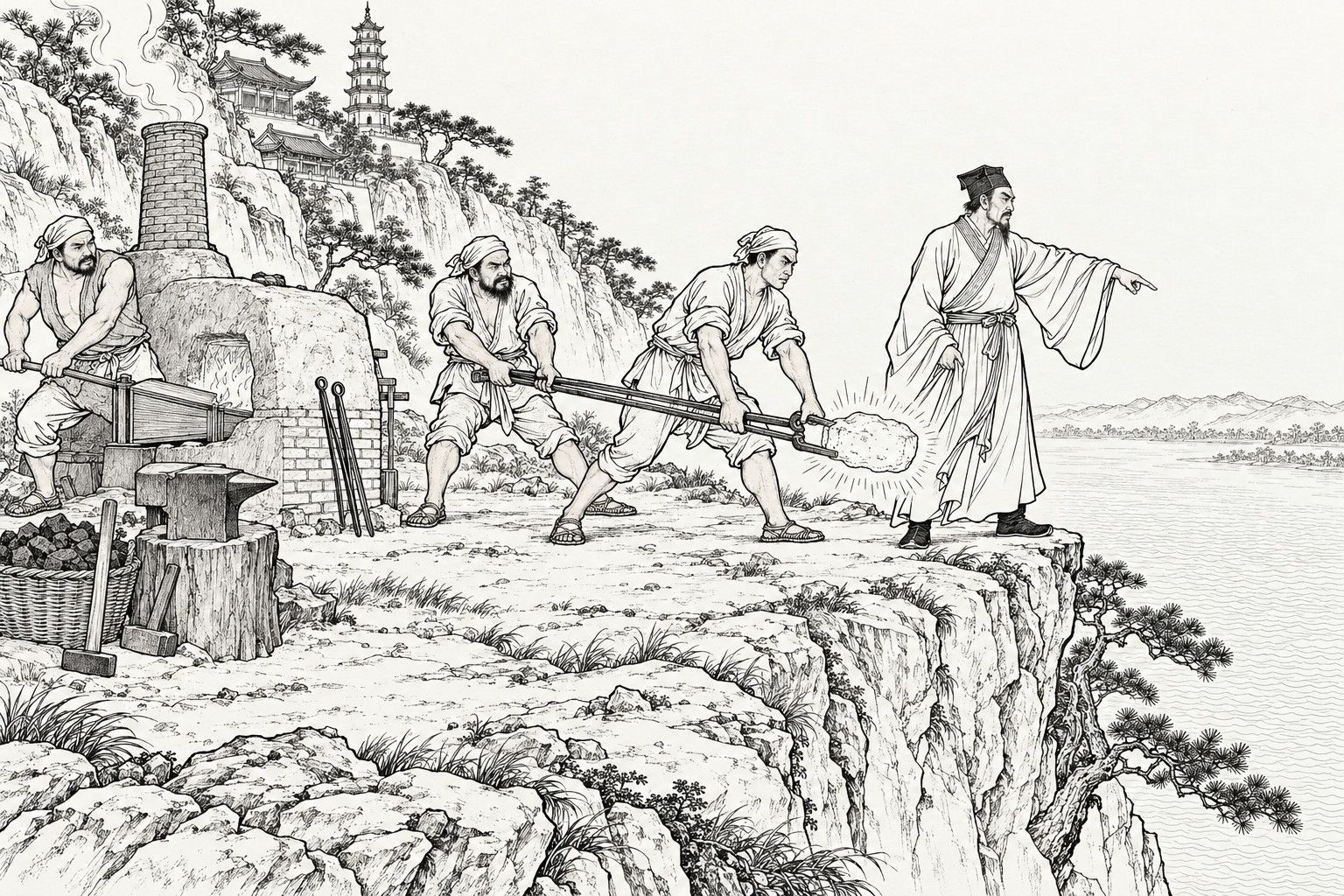 A line drawing in the manner of a late-Qing lithographed edition: on a rocky ledge halfway up a mountain above a wide river in daylight, a smith works a bellows beside a brick furnace, two workmen in headcloths swing a glowing lump of iron on long tongs toward the cliff edge, and a bearded scholar in a square cap and long gown stands on the brink pointing out over the empty river, with an anvil, charcoal basket, pines, a temple and a pagoda behind.