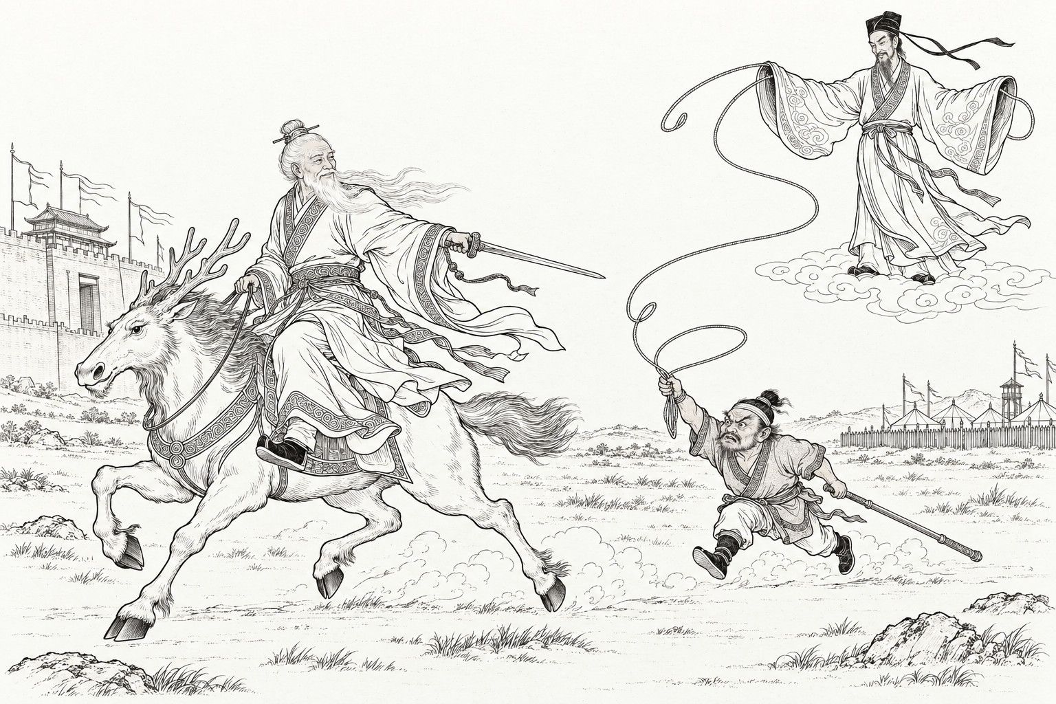 仿清末石印本的線描:西岐城與敵營之間的原野上,老姜子牙騎著生角的異獸向城中奔去,持劍回頭,神情從容;土行孫拖著鐵棍,怒氣衝衝地把一條條繩子拋向空中,空中雲上的道人懼留孫張開寬袖,把繩子一根根接住。