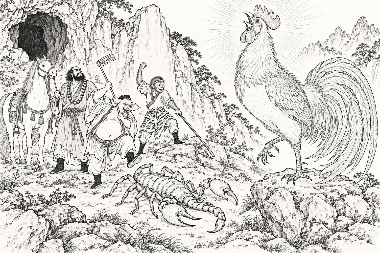 A line drawing in the manner of a late-Qing lithographed edition: on a rocky hillside in front of a cave, a gigantic cock with a double comb stands on a rock at the right, its neck stretched out in a crow and rays of light fanning from its feathers; before it a huge scorpion lies sprawled on the ground, its claws spread and its tail drooping; at the left Sun Wukong raises one fist and points his staff at it, Zhu Bajie lifts his rake and one foot to stamp, and Sha Wujing holds the reins of the white horse.