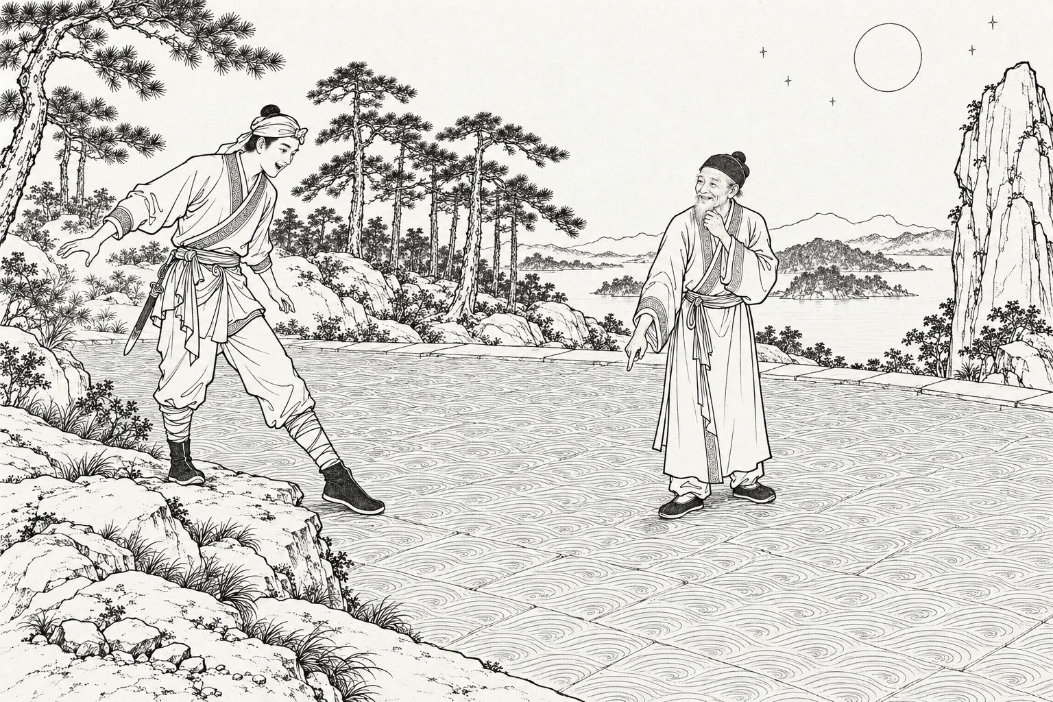仿清末石印本的线描：月下的山岭上，年轻的丁兆蕙站在岩岸边，探出一只脚试探那片像水波的大潭，一脸惊喜；老仆焦能站在潭中，一手指着脚下的石面，一手捋须微笑。