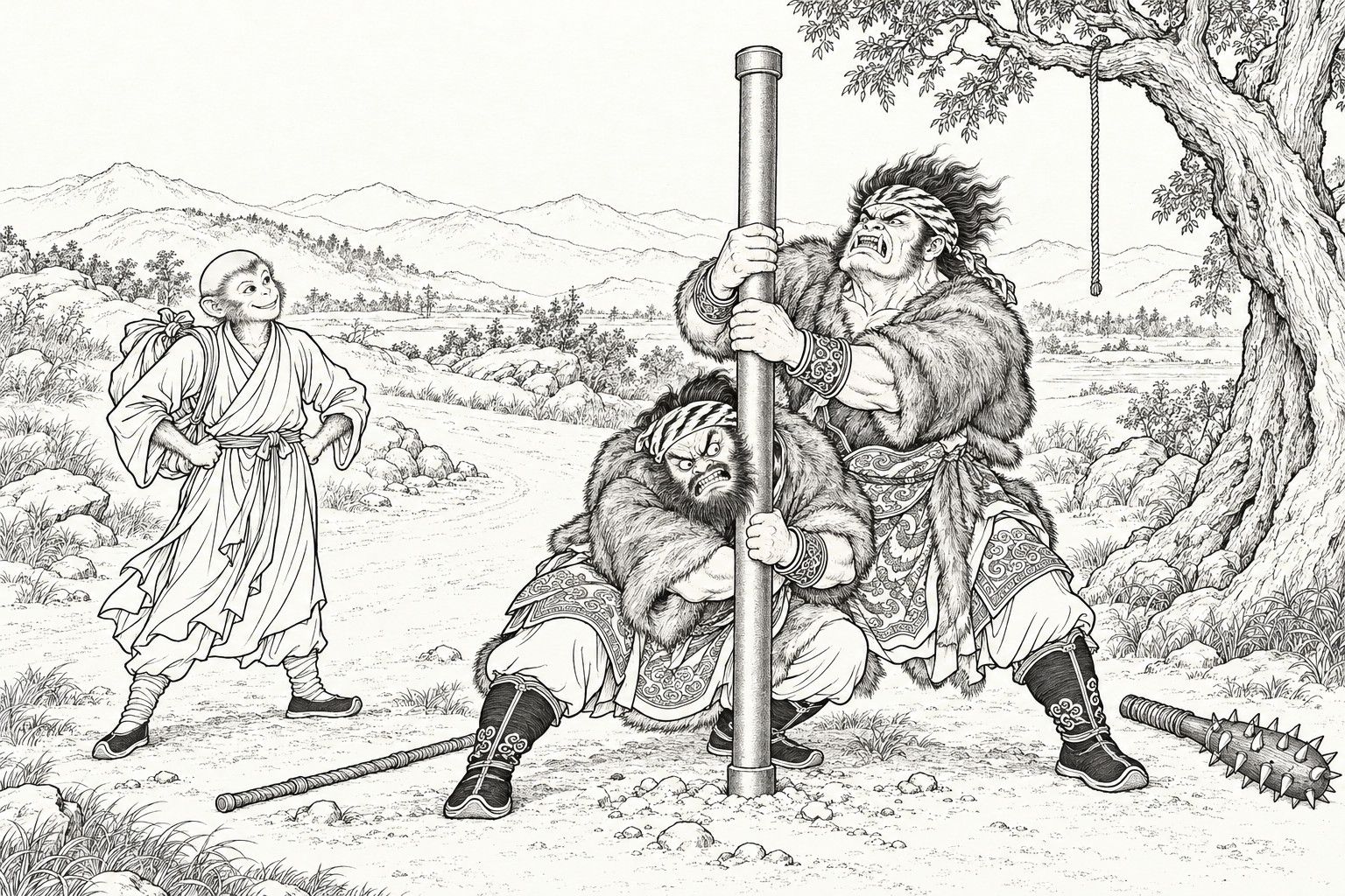 A line drawing in the manner of a late-Qing lithographed edition: on a country roadside by day, a young monk with a monkey's face and a bundle on his back stands with hands on hips, grinning, while two fur-coated, headbanded bandits strain to wrench up an iron pole planted in the ground, one hauling at the shaft and one crouching with his shoulder under it; a spiked club and a staff lie on the ground, an old tree with a dangling rope stands at the right, and low hills lie in the distance.