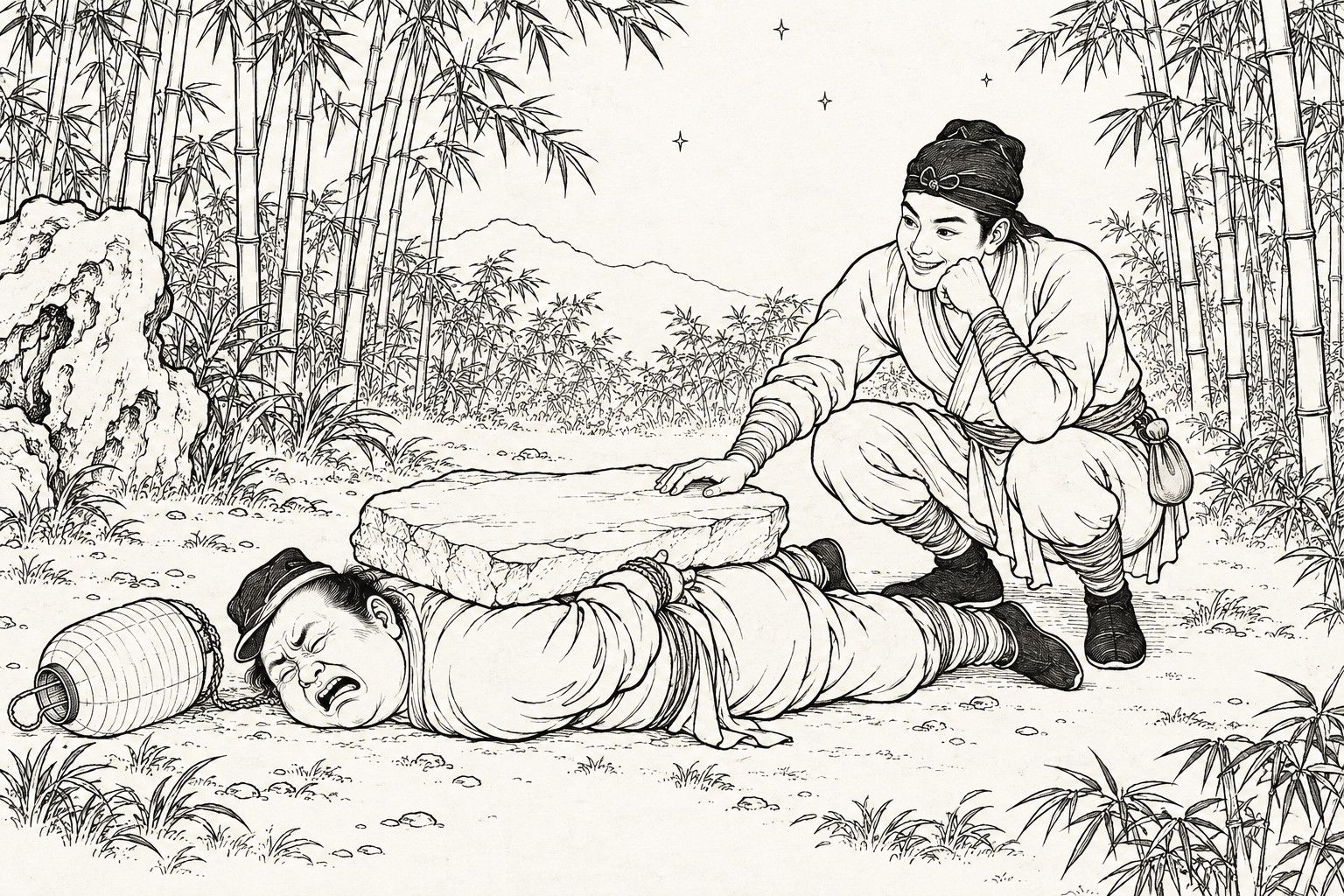 A line drawing in the manner of a late-Qing lithographed edition: in a bamboo grove at night, the servant Bai Fu lies face down with his hands tied behind him and a heavy flat stone across his back, wailing with his eyes shut; the knight Zhan Zhao squats beside him, one hand on the stone and his chin on his other fist, grinning, an unlit paper lantern lying by the servant's head.