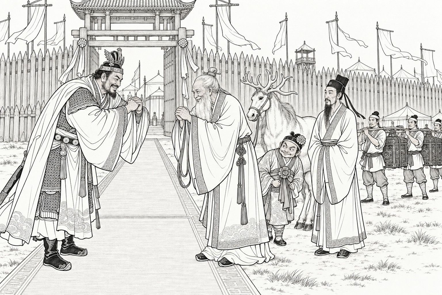 仿清末石印本的線描:營門前鋪著一條氈毯,披甲罩袍的鄧九公和老姜子牙隔毯拱手互相鞠躬,各自滿面笑容;子牙身後是他生角的異獸、帽上插花的矮新郎土行孫、道人懼留孫,右邊的腳伕用扁擔抬著兩隻禮盒。