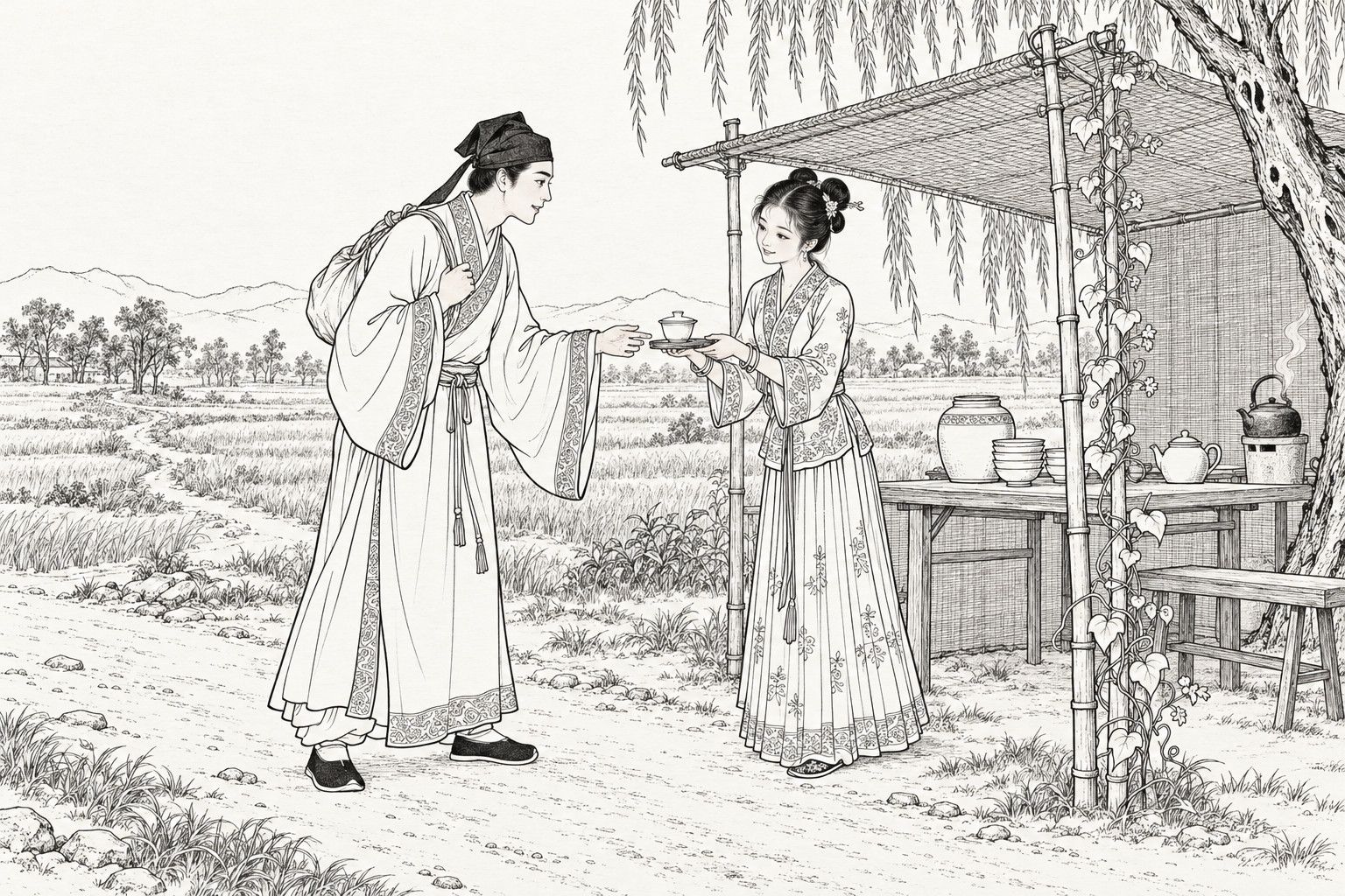 A line drawing in the manner of a late-Qing lithographed edition: on a clear daytime country road beside a mat-roofed roadside tea stall under a willow, a young scholar with a bundle on his shoulder leans forward to take a lidded cup from a smiling young girl in a embroidered short jacket and pleated skirt, with a tea table, jar, bowls, kettle, bench and a climbing vine beside them and fields and low hills behind.