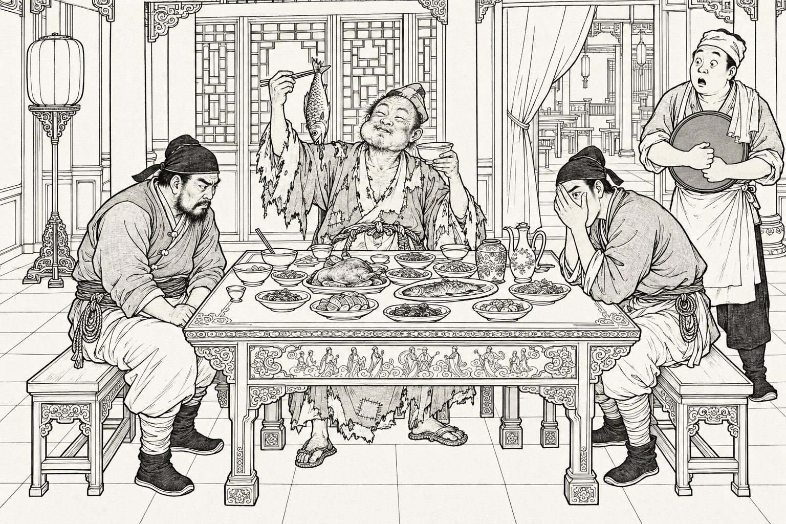 A line drawing in the manner of a late-Qing lithographed edition: in the back hall of a restaurant, a ragged monk at the head of a carved eight-immortals table loaded with dishes holds a whole fish up by the tail in his chopsticks and a wine cup in the other hand, his cheeks full and eyes shut in delight; two plainly dressed travellers sit stiffly at either side, one glowering with his hands between his knees, the other hiding his face in his hand; a waiter with a tray stares at the right.