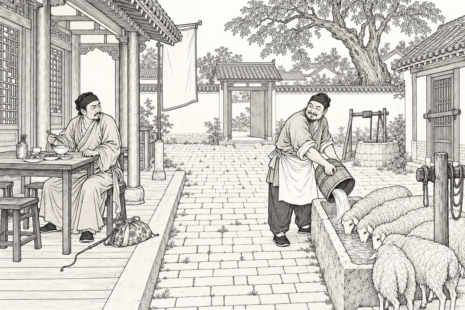 A line drawing in the manner of a late-Qing lithographed edition: on a summer day in the courtyard of an inn, a traveller sits at a small table under the eaves eating and glancing uneasily toward the yard, while a stout innkeeper in an apron tips a wooden bucket of water into a stone trough where a flock of sheep crowd to drink, with a well, a hitching post, a gate and an old tree behind.