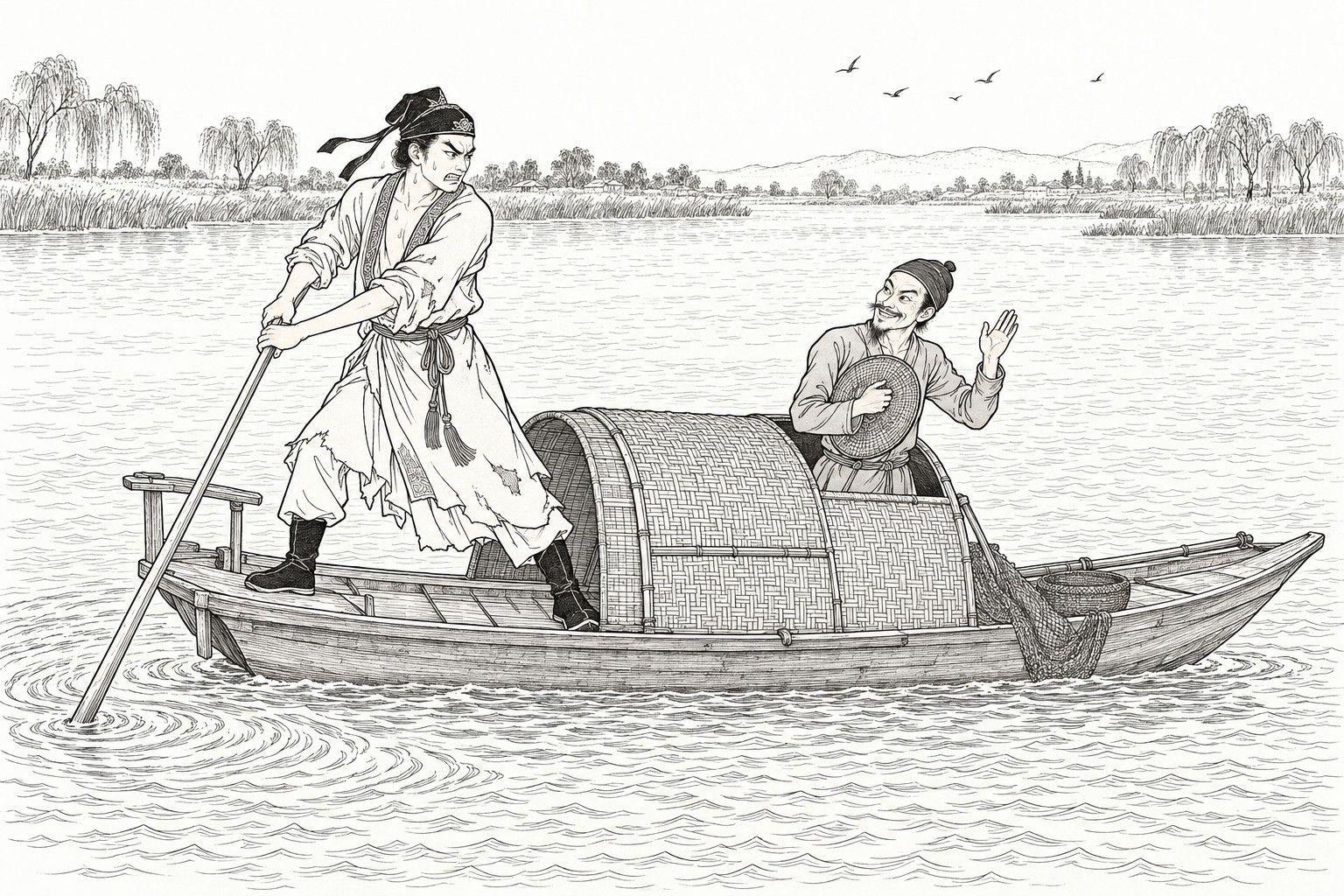 A line drawing in the manner of a late-Qing lithographed edition: on a broad river in the early morning, a tiny fishing skiff turns in the water; Bai Yutang, sweating, his cap askew and his jacket ragged and open, grips a long pole and glares back in fury at Jiang Ping, who has popped up out of the low woven cabin with a straw hat in one hand, grinning and raising the other in greeting.