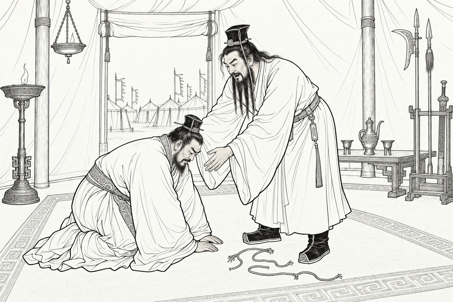 仿清末石印本的線描:燈下的軍帳中,冀州侯蘇護雙手按地、低頭跪拜請罪,長髯垂胸的黃飛虎俯身伸手去扶他,斷開的繩子落在腳邊。
