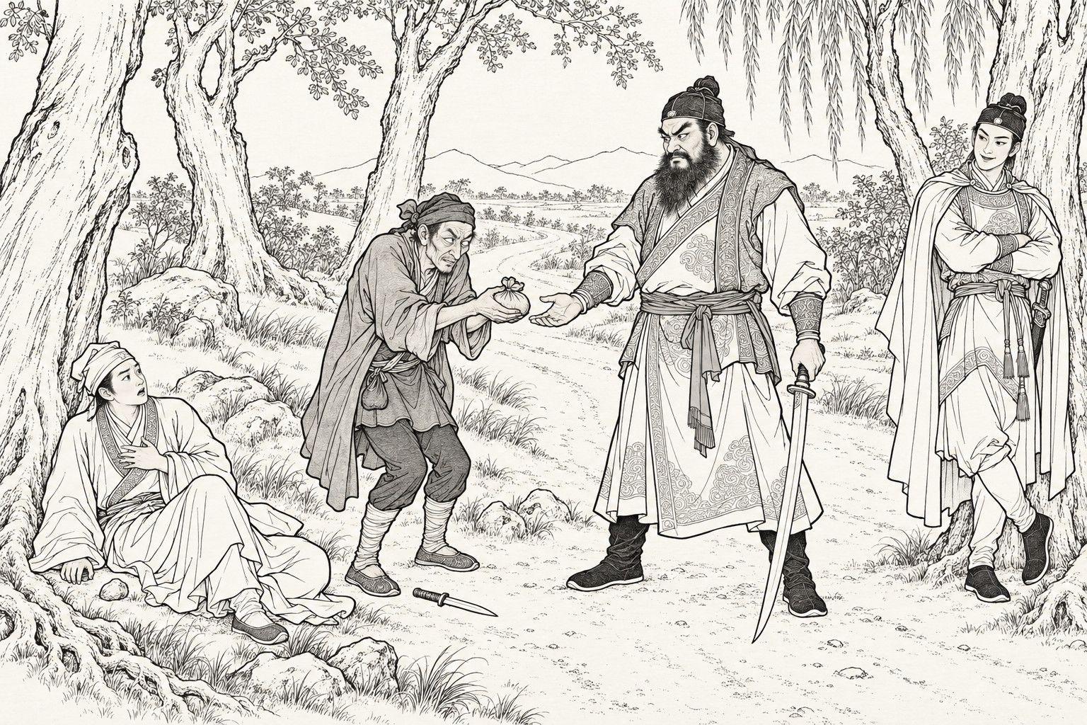 A line drawing in the manner of a late-Qing lithographed edition: in a grove beside a road with willows and distant hills, a thin, cringing robber in a head-cloth hands a small bundle of silver with both hands to a big bearded swordsman who holds a sabre point-down and stretches out his other palm; a slim young swordsman in a cloak leans against a tree with folded arms and a mocking smile; a gentle young scholar sits against a tree root with a hand on his chest, looking startled; a knife lies on the ground.