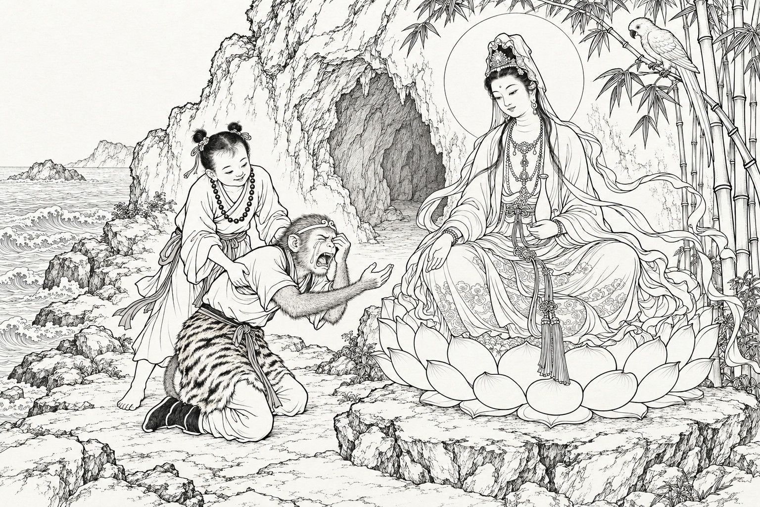 A line drawing in the manner of a late-Qing lithographed edition: on a rocky shore at the mouth of a sea-cave, the Bodhisattva Guanyin sits on a large lotus throne at the right, a halo behind her head and a slender vase in her hand, looking down with gentle pity, a white parrot on a bamboo branch above her; at the left the monkey Sun Wukong kneels wailing with tears on his cheeks, one hand to his face and the other held out to her, while a boy attendant with two hair-knots bends over him and tries to lift him up.
