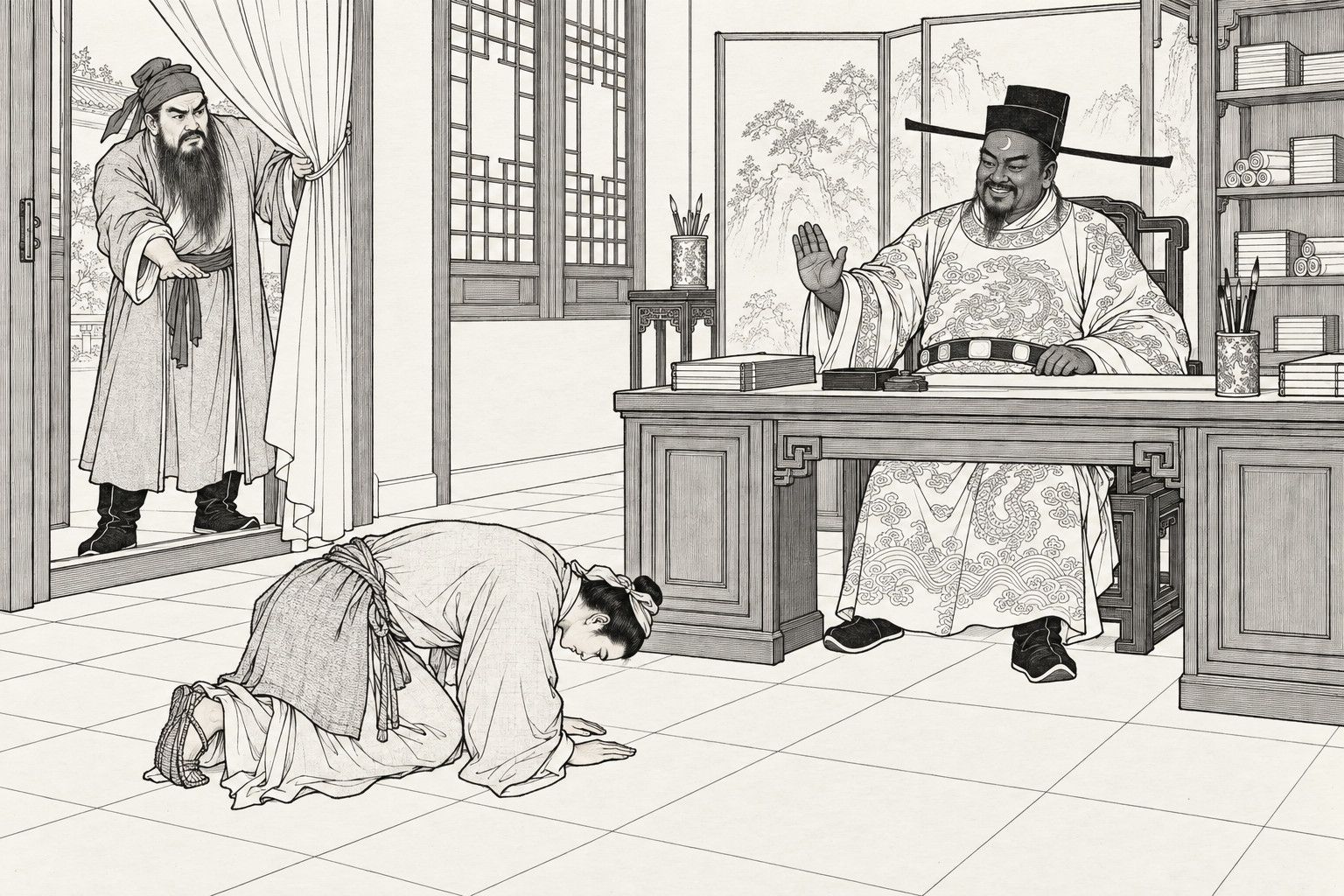 A line drawing in the manner of a late-Qing lithographed edition: in the study of the Kaifeng prefecture, Bai Yutang in a plain coarse penitent's robe and straw sandals kneels bent forward with his forehead almost to the floor; Magistrate Bao, a crescent on his forehead under his hat, sits behind his desk smiling and raising one hand, while Lu Fang, long-bearded, holds the door curtain back and presses a hand downwards, signalling to kneel.