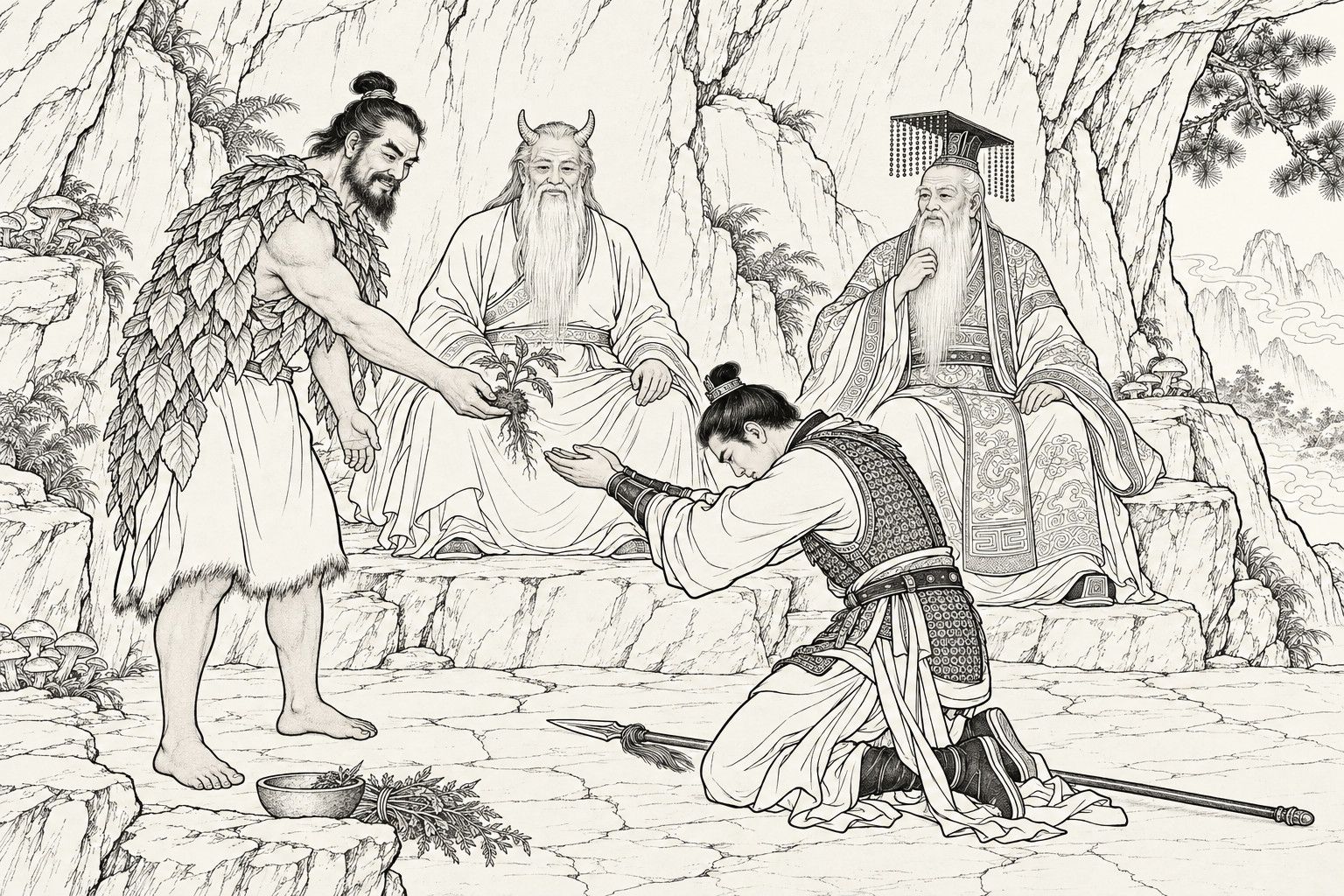 A line drawing in the manner of a late-Qing lithographed edition: in a cave hall, the sage Shennong, bare-armed in a leaf cape and a plain hide kilt, holds out a pulled-up herb with its roots to the young general Yang Jian, who kneels with both hands raised to receive it, while the horned Fuxi and the crowned Yellow Emperor sit watching.