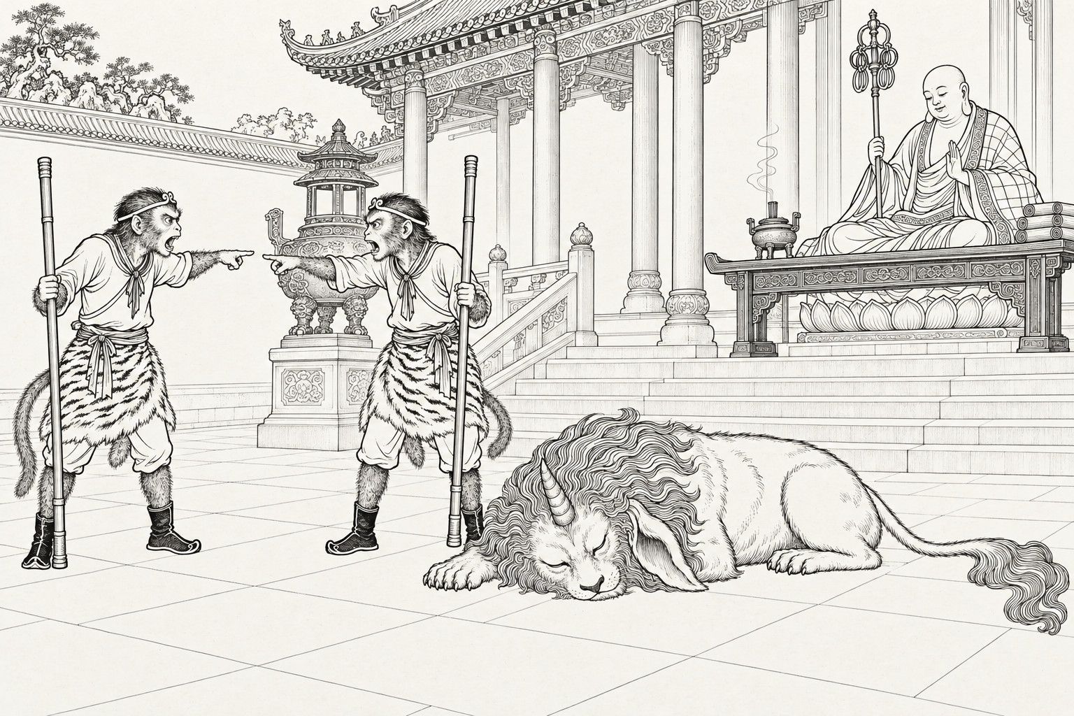 A line drawing in the manner of a late-Qing lithographed edition: in the courtyard before a great temple hall, two identical monkeys in tiger-skin kilts, each holding an iron staff, stand face to face pointing angrily at one another, while a horned, lion-like beast lies flat on the paving with its eyes closed, and a serene seated monk with a ringed staff looks on from a lotus seat beside an incense burner, with stone steps, pillars and carved eaves behind.